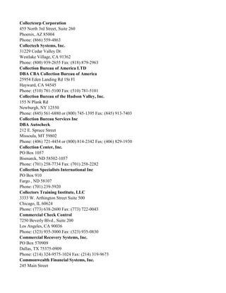 Collectcorp Corporation
455 North 3rd Street, Suite 260
Phoenix, AZ 85004
Phone: (866) 559-4863
Collectech Systems, Inc.
31229 Cedar Valley Dr.
Westlake Village, CA 91362
Phone: (800) 939-2655 Fax: (818) 879-2963
Collection Bureau of America LTD
DBA CBA Collection Bureau of America
25954 Eden Landing Rd 1St Fl
Hayward, CA 94545
Phone: (510) 781-5100 Fax: (510) 781-5101
Collection Bureau of the Hudson Valley, Inc.
155 N Plank Rd
Newburgh, NY 12550
Phone: (845) 561-6880 or (800) 745-1395 Fax: (845) 913-7403
Collection Bureau Services Inc
DBA Autocheck
212 E. Spruce Street
Missoula, MT 59802
Phone: (406) 721-4454 or (800) 814-2342 Fax: (406) 829-1930
Collection Center, Inc.
PO Box 1057
Bismarck, ND 58502-1057
Phone: (701) 258-7734 Fax: (701) 258-2282
Collection Specialists International Inc
PO Box 910
Fargo , ND 58107
Phone: (701) 239-5920
Collectors Training Institute, LLC
3333 W. Arthington Street Suite 500
Chicago, IL 60624
Phone: (773) 638-2600 Fax: (773) 722-0043
Commercial Check Control
7250 Beverly Blvd., Suite 200
Los Angeles, CA 90036
Phone: (323) 935-3000 Fax: (323) 935-0830
Commercial Recovery Systems, Inc.
PO Box 570909
Dallas, TX 75375-0909
Phone: (214) 324-9575-1024 Fax: (214) 319-9673
Commonwealth Financial Systems, Inc.
245 Main Street

 