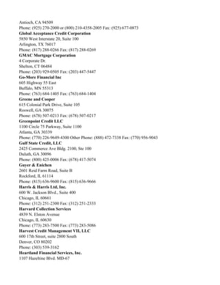 Antioch, CA 94509
Phone: (925) 270-2000 or (800) 210-4358-2005 Fax: (925) 677-0873
Global Acceptance Credit Corporation
5850 West Interstate 20, Suite 100
Arlington, TX 76017
Phone: (817) 288-0266 Fax: (817) 288-0269
GMAC Mortgage Corporation
4 Corporate Dr.
Shelton, CT 06484
Phone: (203) 929-0505 Fax: (203) 447-5447
Go-More Financial Inc
605 Highway 55 East
Buffalo, MN 55313
Phone: (763) 684-1405 Fax: (763) 684-1404
Greene and Cooper
615 Colonial Park Drive, Suite 105
Roswell, GA 30075
Phone: (678) 507-0213 Fax: (678) 507-0217
Greenpoint Credit LLC
1100 Circle 75 Parkway, Suite 1100
Atlanta, GA 30339
Phone: (770) 226-9649-4300 Other Phone: (888) 472-7338 Fax: (770) 956-9043
Gulf State Credit, LLC
2425 Commerce Ave Bldg. 2100, Ste 100
Duluth, GA 30096
Phone: (800) 425-0006 Fax: (678) 417-5074
Guyer & Enichen
2601 Reid Farm Road, Suite B
Rockford, IL 61114
Phone: (815) 636-9600 Fax: (815) 636-9666
Harris & Harris Ltd, Inc.
600 W. Jackson Blvd., Suite 400
Chicago, IL 60661
Phone: (312) 251-2300 Fax: (312) 251-2333
Harvard Collection Services
4839 N. Elston Avenue
Chicago, IL 60630
Phone: (773) 283-7500 Fax: (773) 283-5086
Harvest Credit Management VII, LLC
600 17th Street, suite 2800 South
Denver, CO 80202
Phone: (303) 539-3162
Heartland Financial Services, Inc.
1107 Hazeltine Blvd. MD-67

 