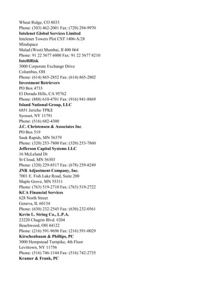 Wheat Ridge, CO 8033
Phone: (303) 462-2001 Fax: (720) 294-9970
Intelenet Global Services Limited
Intelenet Towers Plot CST 1406-A/28
Mindspace
Malad (West) Mumbai, II 400 064
Phone: 91 22 5677 6000 Fax: 91 22 5677 8210
IntelliRisk
3000 Corporate Exchange Drive
Columbus, OH
Phone: (614) 865-2852 Fax: (614) 865-2802
Investment Retrievers
PO Box 4733
El Dorado Hills, CA 95762
Phone: (888) 610-4701 Fax: (916) 941-8869
Island National Group, LLC
6851 Jericho TPKE
Syosset, NY 11791
Phone: (516) 682-4300
J.C. Christensen & Associates Inc.
PO Box 519
Sauk Rapids, MN 56379
Phone: (320) 253-7800 Fax: (320) 253-7860
Jefferson Capital Systems LLC
16 McLeland Dr
St Cloud, MN 56303
Phone: (320) 229-8517 Fax: (678) 259-8249
JNR Adjustment Company, Inc.
7001 E. Fish Lake Road, Suite 200
Maple Grove, MN 55311
Phone: (763) 519-2710 Fax: (763) 519-2722
KCA Financial Services
628 North Street
Geneva, IL 60134
Phone: (630) 232-2545 Fax: (630) 232-0561
Kevin L. String Co., L.P.A.
23220 Chagrin Blvd. #204
Beachwood, OH 44122
Phone: (216) 591-9696 Fax: (216) 591-0029
Kirschenbaum & Phillips, PC
3000 Hempstead Turnpike, 4th Floor
Levittown, NY 11756
Phone: (516) 746-1144 Fax: (516) 742-2735
Kramer & Frank, PC

 