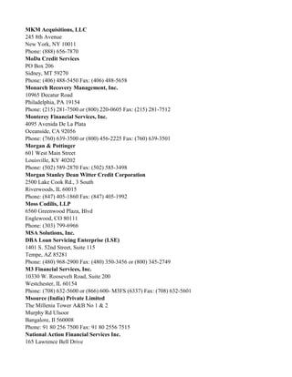 MKM Acquisitions, LLC
245 8th Avenue
New York, NY 10011
Phone: (888) 656-7870
MoDa Credit Services
PO Box 206
Sidney, MT 59270
Phone: (406) 488-5450 Fax: (406) 488-5658
Monarch Recovery Management, Inc.
10965 Decatur Road
Philadelphia, PA 19154
Phone: (215) 281-7500 or (800) 220-0605 Fax: (215) 281-7512
Monterey Financial Services, Inc.
4095 Avenida De La Plata
Oceanside, CA 92056
Phone: (760) 639-3500 or (800) 456-2225 Fax: (760) 639-3501
Morgan & Pottinger
601 West Main Street
Louisville, KY 40202
Phone: (502) 589-2870 Fax: (502) 585-3498
Morgan Stanley Dean Witter Credit Corporation
2500 Lake Cook Rd., 3 South
Riverwoods, IL 60015
Phone: (847) 405-1860 Fax: (847) 405-1992
Moss Codilis, LLP
6560 Greenwood Plaza, Blvd
Englewood, CO 80111
Phone: (303) 799-6966
MSA Solutions, Inc.
DBA Loan Servicing Enterprise (LSE)
1401 S. 52nd Street, Suite 115
Tempe, AZ 85281
Phone: (480) 968-2900 Fax: (480) 350-3456 or (800) 345-2749
M3 Financial Services, Inc.
10330 W. Roosevelt Road, Suite 200
Westchester, IL 60154
Phone: (708) 632-5600 or (866) 600- M3FS (6337) Fax: (708) 632-5601
Msource (India) Private Limited
The Millenia Tower A&B No 1 & 2
Murphy Rd Ulsoor
Bangalore, II 560008
Phone: 91 80 256 7500 Fax: 91 80 2556 7515
National Action Financial Services Inc.
165 Lawrence Bell Drive

 