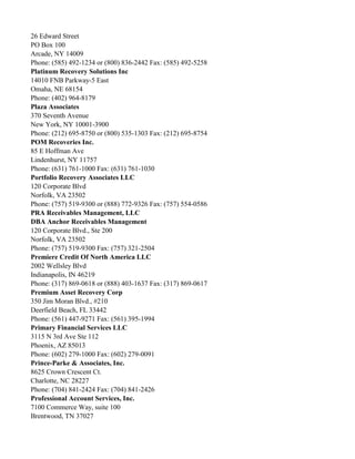 26 Edward Street
PO Box 100
Arcade, NY 14009
Phone: (585) 492-1234 or (800) 836-2442 Fax: (585) 492-5258
Platinum Recovery Solutions Inc
14010 FNB Parkway-5 East
Omaha, NE 68154
Phone: (402) 964-8179
Plaza Associates
370 Seventh Avenue
New York, NY 10001-3900
Phone: (212) 695-8750 or (800) 535-1303 Fax: (212) 695-8754
POM Recoveries Inc.
85 E Hoffman Ave
Lindenhurst, NY 11757
Phone: (631) 761-1000 Fax: (631) 761-1030
Portfolio Recovery Associates LLC
120 Corporate Blvd
Norfolk, VA 23502
Phone: (757) 519-9300 or (888) 772-9326 Fax: (757) 554-0586
PRA Receivables Management, LLC
DBA Anchor Receivables Management
120 Corporate Blvd., Ste 200
Norfolk, VA 23502
Phone: (757) 519-9300 Fax: (757) 321-2504
Premiere Credit Of North America LLC
2002 Wellsley Blvd
Indianapolis, IN 46219
Phone: (317) 869-0618 or (888) 403-1637 Fax: (317) 869-0617
Premium Asset Recovery Corp
350 Jim Moran Blvd., #210
Deerfield Beach, FL 33442
Phone: (561) 447-9271 Fax: (561) 395-1994
Primary Financial Services LLC
3115 N 3rd Ave Ste 112
Phoenix, AZ 85013
Phone: (602) 279-1000 Fax: (602) 279-0091
Prince-Parke & Associates, Inc.
8625 Crown Crescent Ct.
Charlotte, NC 28227
Phone: (704) 841-2424 Fax: (704) 841-2426
Professional Account Services, Inc.
7100 Commerce Way, suite 100
Brentwood, TN 37027

 