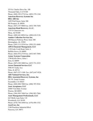555 St. Charles Drive Ste. 100
Thousand Oaks, CA 91360
Phone: (888) 395-2774 Fax: (805) 379-1184
American Recovery Systems Inc
DBA ARS Inc
1699 Wall Street, Suite 300
Mt Prospect, IL 60056
Phone: (847) 357-9800 Fax: (847) 709-7850
American Road Recovery, L.L.C.
1335 S Clearview ave
Mesa, AZ 85208
Phone: (480) 641-0026 Fax: (480) 610-3136
Amsher Collection Services Inc.
600 Beacon Parkway West, Suite 300
Birmingham, AL 35203
Phone: (205) 313-2538 Fax: (205) 251-0448
APEX Financial Management, LLC
1120 Lake Cook Road, Suite A
Buffalo Grove, IL 60089
Phone: (866) 876-2739 Fax: (847) 947-7094
Armor Systems Corporation
1700 Kiefer Drive, Suite 1
Zion, IL 60099
Phone: (847) 249-3000 Fax: (847) 731-2233
Arrow Financial Services LLC
5996 W Touhy Ave
Niles, IL 60714
Phone: (847) 557-1100- Fax: (847) 647-9526
ARS National Services, Inc.
DBA Associated Recovery Systems, Inc
201 W. Grand Avenue
Escondido, CA 92025
Phone: (888) 888-7080 Fax: (800) 707-9541
Asset Acceptance, LLC
28405 Van Dyke Avenue
Warren, MI 48093
Phone: (586) 983-7404 Fax: (586) 983-7866
Asset Management Professionals, LLC
665 Molly Lane Suite 110
Woodstock, GA 30189
Phone: (678) 784-3690 Fax: (678) 494-1532
AssetCare, Inc
5100 Peachtree Industrial Blvd.
Norcross, GA 30071

 