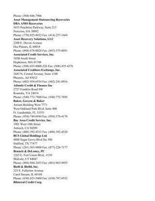 Phone: (504) 846-7906
Asset Management Outsourcing Recoveries
DBA AMO Recoveries
5655 Peachtree Parkway, Suite 213
Norcross, GA 30092
Phone: (770) 825-8032 Fax: (414) 257-1669
Asset Recovery Solutions, LLC
2200 E. Devon Avenue
Des Plaines, IL 60018
Phone: (888) 678-0028 Fax: (847) 375-0691
Associated Credit Services, Inc.
105B South Street
Hopkinton, MA 01748
Phone: (508) 435-8000-226 Fax: (508) 435-4376
Associated Creditors Exchange, Inc.
3443 N. Central Avenue, Suite 1100
Phoenix, AZ 85012
Phone: (602) 954-6554 Fax: (602) 241-0916
Atlantic Credit & Finance Inc
2727 Franklin Road SW
Roanoke, VA 24014
Phone: (540) 772-7800 Fax: (540) 772-7895
Baker, Govern & Baker
Atrium Building West 7771
West Oakland Park Blvd, Suite 400
Ft. Lauderdale, FL 33351
Phone: (954) 749-6944 Fax: (954) 578-4178
Bay Area Credit Service, Inc.
1901 West 10th Street
Antioch, CA 94509
Phone: (408) 392-4515 Fax: (408) 392-4520
BCS Global Holdings Ltd
4800 Sugar Grove Blvd Ste 500
Stafford, TX 77477
Phone: (281) 565-9800 Fax: (877) 228-7177
Bennett & DeLoney, PC
1265 E. Fort Union Blvd., #150
Midvale, UT 84047
Phone: (888) 884-3455 Fax: (801) 963-9955
Biehl & Bielhl, Inc.
325 E. Fullerton Avenue
Carol Stream, IL 60188
Phone: (630) 653-5400 Fax: (630) 787-0552
Bilateral Credit Corp.

 