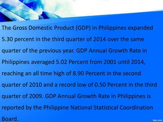 The Gross Domestic Product (GDP) in Philippines expanded
5.30 percent in the third quarter of 2014 over the same
quarter of the previous year. GDP Annual Growth Rate in
Philippines averaged 5.02 Percent from 2001 until 2014,
reaching an all time high of 8.90 Percent in the second
quarter of 2010 and a record low of 0.50 Percent in the third
quarter of 2009. GDP Annual Growth Rate in Philippines is
reported by the Philippine National Statistical Coordination
Board.
 