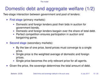 The model
Domestic debt and aggregate welfare (1/2)
Two-stage interaction between government and pool of lenders:
First st...