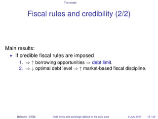 The model
Fiscal rules and credibility (2/2)
Main results:
If credible ﬁscal rules are imposed
1. ⇒ ↑ borrowing opportunit...