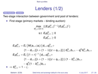 Back-up slides
Lenders (1/2)
Main features Lenders
Two-stage interaction between government and pool of lenders:
First sta...