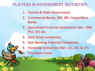Players in Government Securities
    1. Central & State Government
    2. Commercial Banks, RBI, SBI, Cooperative
       Banks.
    3. Specialized Financial Institutions Like:- IDBI,
       IFCI, SFC etc.
    4. Joint Stock companies.
    5. Non Banking Financial Companies.
    6. Investing institutions like:- LIC, GIC & UTI.
    7. Provident Funds
    8. Individuals (w.e.f. Dec., 2001)
 