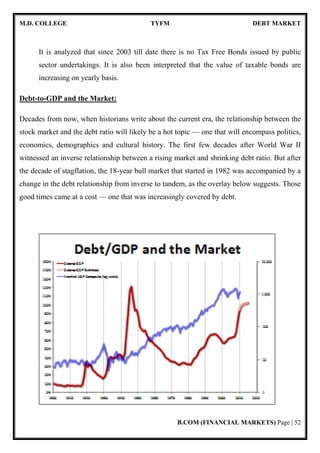 M.D. COLLEGE TYFM DEBT MARKET
B.COM (FINANCIAL MARKETS) Page | 52
It is analyzed that since 2003 till date there is no Tax Free Bonds issued by public
sector undertakings. It is also been interpreted that the value of taxable bonds are
increasing on yearly basis.
Debt-to-GDP and the Market:
Decades from now, when historians write about the current era, the relationship between the
stock market and the debt ratio will likely be a hot topic — one that will encompass politics,
economics, demographics and cultural history. The first few decades after World War II
witnessed an inverse relationship between a rising market and shrinking debt ratio. But after
the decade of stagflation, the 18-year bull market that started in 1982 was accompanied by a
change in the debt relationship from inverse to tandem, as the overlay below suggests. Those
good times came at a cost — one that was increasingly covered by debt.
 