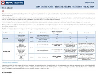 RETAIL RESEARCH 
August 25, 2014 
Debt Mutual Funds ‐ Scenario post the Finance Bill (No.2), 2014 
The amendments proposed in the Union Budget 2014 on the tax provisions applicable to the non equity mutual funds have stripped off some of the tax benefits from the investments made in the debt 
oriented mutual funds. 
In the Union Budget 2014, the Finance Minister has increased the period to avail the Long Term Capital Gain Tax benefit in non equity mutual funds such as Debt funds, MIP, Gold Funds and Global Funds 
from one year to three years and removed the option of paying Long‐term Capital Gain Tax (LTCG) of 10.3% without indexation. 
Further, the Budget has modified the manner in which the dividend distribution tax is computed for the dividend declared by the debt mutual funds which makes net payout to the investor lower. 
This impacts the non equity funds and makes them less attractive as far as the tax benefit is concerned for the short term. However, debt mutual funds investments are still attractive considering the tax 
benefits over the longer tenure. 
The following table shows the amendments proposed in the tax provisions applicable to the respective mutual fund categories in the Union Budget. 
Classification Categories Option Tax Provision 
RETAIL RESEARCH 
Whether any amendment 
proposed by Union 
Budget 
Existing Proposed 
Equity Funds 
Equity Diversified, 
Equity Sector, 
Hybrid ‐ Equity Oriented (more 
than 65% equity), 
Arbitrage Funds, 
Equity ETFs. 
Growth 
Short Term Capital Gain Tax 
(holding period <=12 months) 
No 15% 15% 
Long Term Capital Gain Tax (holding 
Period > 12 months) 
No Nil Nil 
Dividend Dividend Distribution Tax No Nil Nil 
Non Equity Funds 
Gold ETF, 
Liquid ETF, 
Liquid Funds, 
Ultra Short Term Funds, 
Floating Rate Funds, 
Short Term Income, 
Dynamic Income, 
Income Funds, 
Gilt Funds. 
Hybrid ‐ Debt Oriented (less 
than 65% equity), 
MIP, 
FMP, 
Gold Funds, 
Global Funds. 
Growth 
Short Term Capital Gain Tax 
Yes. On redemptions after 
July 10, 2014 
STCG tax applicable if the units 
are sold within one year and the 
STCG is taxed as per the 
investors' tax bracket 
STCG tax applicable if the units are sold 
within three years and the STCG is taxed 
as per the investors' tax bracket 
Long Term Capital Gain Tax 
Yes. On redemptions after 
July 10, 2014 
LTCG tax applicable if the units 
are sold after one year and the 
LTCG is taxed 10.3% without 
indexation or 20.6% with 
indexation whichever is lower 
LTCG tax applicable if the units are sold 
after three years and the LTCG is taxed 
20.6% with indexation on the gain. (the 
10.3% without indexation has been 
removed). 
Dividend Dividend Distribution Tax 
Yes. After October 01, 
2014 
At the rate of 28.33% (including 
surcharge and cess) which 
resulted in lower effective rate 
of DDT of 22.07% for investors. 
At the rate of 28.33% (including 
surcharge and cess) which results in 
effective rate of DDT of 28.33% for 
investors due to the change in the mode 
of calculation of DDT. 
i. Tax Implication in Capital Gains: 
The FM has increased the period to avail the Long Term Capital Gain Tax benefit in non equity mutual funds from one year to three years. That means, for redemptions till July 10, 2014, the period of 
holding in debt mutual funds for qualifying it as short‐term capital gain is not more than 12 months while for qualifying as long‐term capital gain is more than 12 months. The investors availed the LTCG 
benefit of paying at 10.3% without indexation or 20.6% with indexation whichever is lower on the gain. 
 