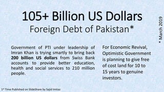 105+ Billion US Dollars
Foreign Debt of Pakistan*
1st Time Published on SlideShare by Sajid Imtiaz
*March2019
Government of PTI under leadership of
Imran Khan is trying smartly to bring back
200 billion US dollars from Swiss Bank
accounts to provide better education,
health and social services to 210 million
people.
For Economic Revival,
Optimistic Government
is planning to give free
of cost land for 10 to
15 years to genuine
investors.
 