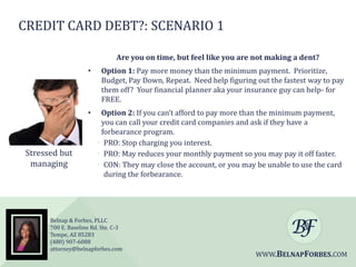 CREDIT CARD DEBT?: SCENARIO 1
Are you on time, but feel like you are not making a dent?
•

•

Stressed but
managing

Option 1: Pay more money than the minimum payment. Prioritize,
Budget, Pay Down, Repeat. Need help figuring out the fastest way to pay
them off? Your financial planner aka your insurance guy can help- for
FREE.
Option 2: If you can’t afford to pay more than the minimum payment,
you can call your credit card companies and ask if they have a
forbearance program.
• PRO: Stop charging you interest.
• PRO: May reduces your monthly payment so you may pay it off faster.
• CON: They may close the account, or you may be unable to use the card
during the forbearance.

Belnap & Forbes, PLLC
700 E. Baseline Rd. Ste. C-3
Tempe, AZ 85283
(480) 907-6088
attorney@belnapforbes.com

WWW.BELNAPFORBES.COM

 