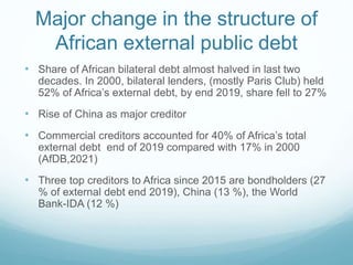 Major change in the structure of
African external public debt
• Share of African bilateral debt almost halved in last two
...