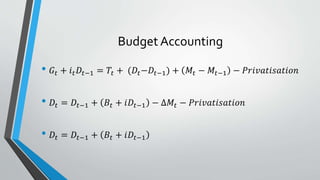 Budget Accounting
• 𝐺𝑡 + 𝑖 𝑡 𝐷𝑡−1 = 𝑇𝑡 + (𝐷𝑡−𝐷𝑡−1) + 𝑀𝑡 − 𝑀𝑡−1 − 𝑃𝑟𝑖𝑣𝑎𝑡𝑖𝑠𝑎𝑡𝑖𝑜𝑛
• 𝐷𝑡 = 𝐷𝑡−1 + 𝐵𝑡 + 𝑖𝐷𝑡−1 − ∆𝑀𝑡 − 𝑃𝑟𝑖𝑣𝑎𝑡𝑖𝑠𝑎𝑡𝑖𝑜𝑛
• 𝐷𝑡 = 𝐷𝑡−1 + 𝐵𝑡 + 𝑖𝐷𝑡−1
 