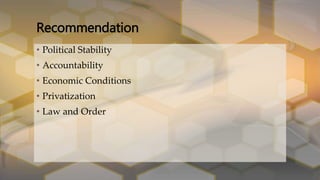 • Political Stability
• Accountability
• Economic Conditions
• Privatization
• Law and Order
Recommendation
 