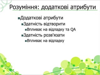 Розуміння: додаткові атрибути
  Додаткові    атрибути
   Здатність   відтворити
     Впливає   на відладку та QA
   Здатність   розв'язати
     Впливає   на відладку
 