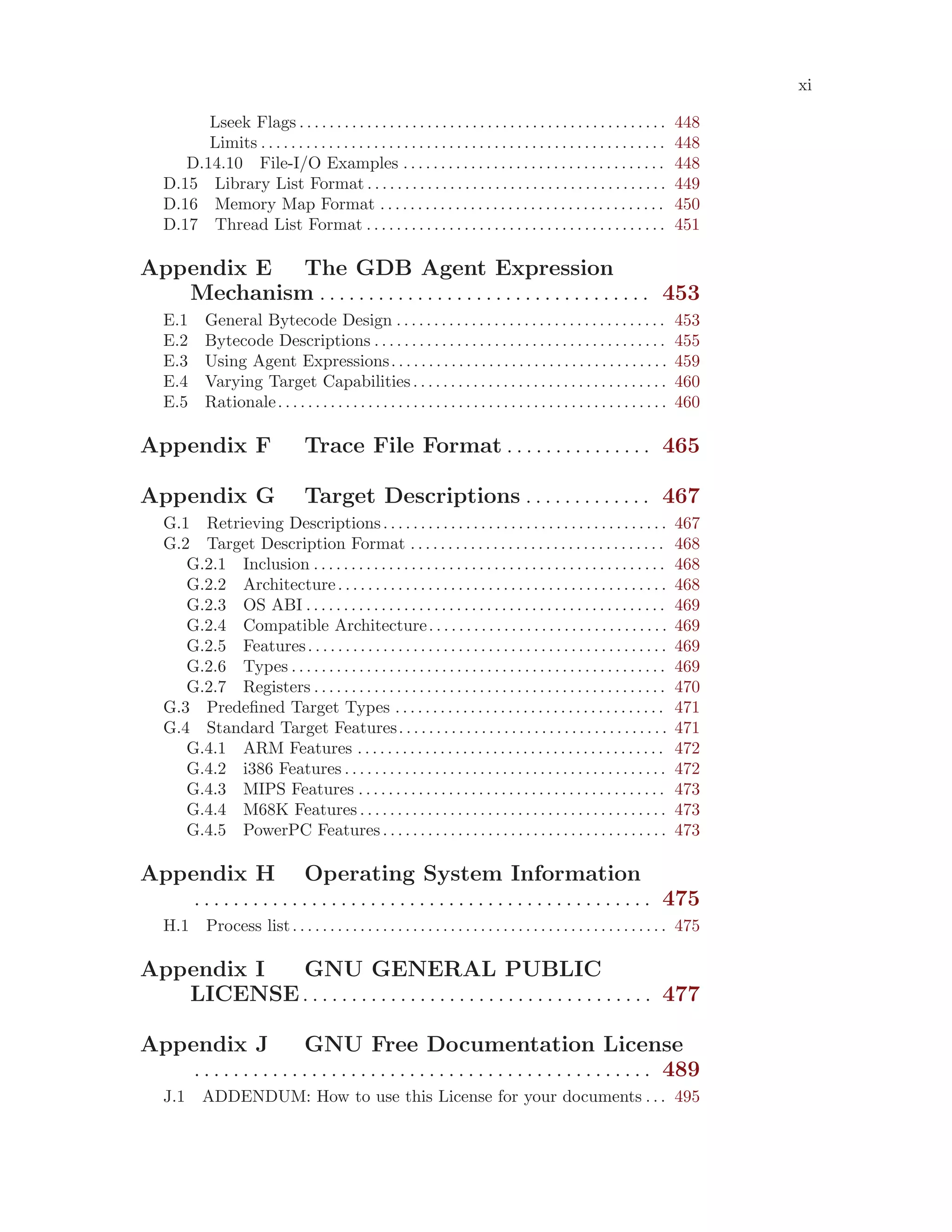 xi
Lseek Flags . . . . . . . . . . . . . . . . . . . . . . . . . . . . . . . . . . . . . . . . . . . . . . . . . 448
Limits . . . . . . . . . . . . . . . . . . . . . . . . . . . . . . . . . . . . . . . . . . . . . . . . . . . . . . 448
D.14.10 File-I/O Examples . . . . . . . . . . . . . . . . . . . . . . . . . . . . . . . . . . . 448
D.15 Library List Format . . . . . . . . . . . . . . . . . . . . . . . . . . . . . . . . . . . . . . . . 449
D.16 Memory Map Format . . . . . . . . . . . . . . . . . . . . . . . . . . . . . . . . . . . . . . 450
D.17 Thread List Format . . . . . . . . . . . . . . . . . . . . . . . . . . . . . . . . . . . . . . . . 451
Appendix E The GDB Agent Expression
Mechanism . . . . . . . . . . . . . . . . . . . . . . . . . . . . . . . . . . 453
E.1 General Bytecode Design . . . . . . . . . . . . . . . . . . . . . . . . . . . . . . . . . . . . 453
E.2 Bytecode Descriptions . . . . . . . . . . . . . . . . . . . . . . . . . . . . . . . . . . . . . . . 455
E.3 Using Agent Expressions. . . . . . . . . . . . . . . . . . . . . . . . . . . . . . . . . . . . . 459
E.4 Varying Target Capabilities. . . . . . . . . . . . . . . . . . . . . . . . . . . . . . . . . . 460
E.5 Rationale. . . . . . . . . . . . . . . . . . . . . . . . . . . . . . . . . . . . . . . . . . . . . . . . . . . . 460
Appendix F Trace File Format . . . . . . . . . . . . . . . 465
Appendix G Target Descriptions . . . . . . . . . . . . . 467
G.1 Retrieving Descriptions. . . . . . . . . . . . . . . . . . . . . . . . . . . . . . . . . . . . . . 467
G.2 Target Description Format . . . . . . . . . . . . . . . . . . . . . . . . . . . . . . . . . . 468
G.2.1 Inclusion . . . . . . . . . . . . . . . . . . . . . . . . . . . . . . . . . . . . . . . . . . . . . . . 468
G.2.2 Architecture. . . . . . . . . . . . . . . . . . . . . . . . . . . . . . . . . . . . . . . . . . . . 468
G.2.3 OS ABI . . . . . . . . . . . . . . . . . . . . . . . . . . . . . . . . . . . . . . . . . . . . . . . . 469
G.2.4 Compatible Architecture. . . . . . . . . . . . . . . . . . . . . . . . . . . . . . . . 469
G.2.5 Features. . . . . . . . . . . . . . . . . . . . . . . . . . . . . . . . . . . . . . . . . . . . . . . . 469
G.2.6 Types . . . . . . . . . . . . . . . . . . . . . . . . . . . . . . . . . . . . . . . . . . . . . . . . . . 469
G.2.7 Registers . . . . . . . . . . . . . . . . . . . . . . . . . . . . . . . . . . . . . . . . . . . . . . . 470
G.3 Predefined Target Types . . . . . . . . . . . . . . . . . . . . . . . . . . . . . . . . . . . . 471
G.4 Standard Target Features. . . . . . . . . . . . . . . . . . . . . . . . . . . . . . . . . . . . 471
G.4.1 ARM Features . . . . . . . . . . . . . . . . . . . . . . . . . . . . . . . . . . . . . . . . . 472
G.4.2 i386 Features . . . . . . . . . . . . . . . . . . . . . . . . . . . . . . . . . . . . . . . . . . . 472
G.4.3 MIPS Features . . . . . . . . . . . . . . . . . . . . . . . . . . . . . . . . . . . . . . . . . 473
G.4.4 M68K Features . . . . . . . . . . . . . . . . . . . . . . . . . . . . . . . . . . . . . . . . . 473
G.4.5 PowerPC Features. . . . . . . . . . . . . . . . . . . . . . . . . . . . . . . . . . . . . . 473
Appendix H Operating System Information
. . . . . . . . . . . . . . . . . . . . . . . . . . . . . . . . . . . . . . . . . . . . . . . 475
H.1 Process list. . . . . . . . . . . . . . . . . . . . . . . . . . . . . . . . . . . . . . . . . . . . . . . . . . 475
Appendix I GNU GENERAL PUBLIC
LICENSE. . . . . . . . . . . . . . . . . . . . . . . . . . . . . . . . . . . . 477
Appendix J GNU Free Documentation License
. . . . . . . . . . . . . . . . . . . . . . . . . . . . . . . . . . . . . . . . . . . . . . . 489
J.1 ADDENDUM: How to use this License for your documents . . . 495
 