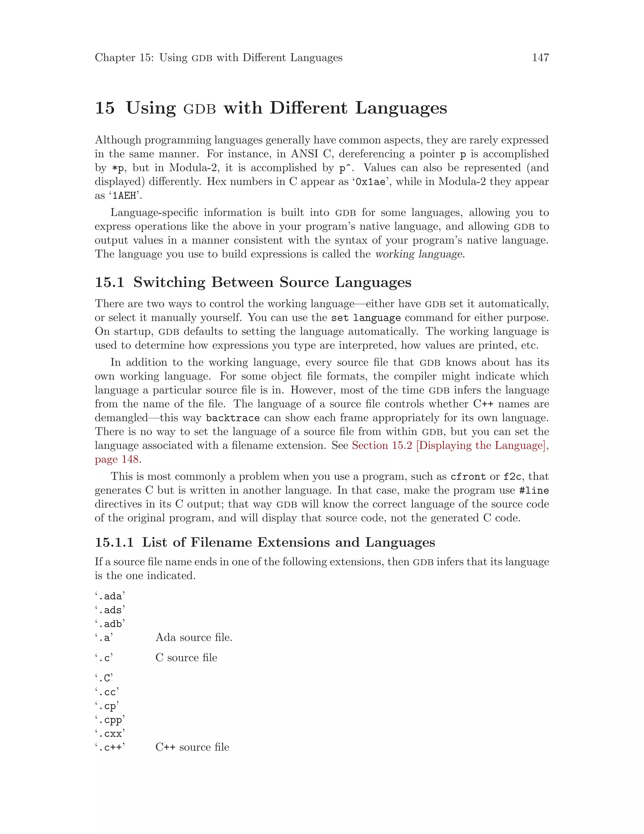 Chapter 15: Using gdb with Different Languages 147
15 Using gdb with Different Languages
Although programming languages generally have common aspects, they are rarely expressed
in the same manner. For instance, in ANSI C, dereferencing a pointer p is accomplished
by *p, but in Modula-2, it is accomplished by p^. Values can also be represented (and
displayed) differently. Hex numbers in C appear as ‘0x1ae’, while in Modula-2 they appear
as ‘1AEH’.
Language-specific information is built into gdb for some languages, allowing you to
express operations like the above in your program’s native language, and allowing gdb to
output values in a manner consistent with the syntax of your program’s native language.
The language you use to build expressions is called the working language.
15.1 Switching Between Source Languages
There are two ways to control the working language—either have gdb set it automatically,
or select it manually yourself. You can use the set language command for either purpose.
On startup, gdb defaults to setting the language automatically. The working language is
used to determine how expressions you type are interpreted, how values are printed, etc.
In addition to the working language, every source file that gdb knows about has its
own working language. For some object file formats, the compiler might indicate which
language a particular source file is in. However, most of the time gdb infers the language
from the name of the file. The language of a source file controls whether C++ names are
demangled—this way backtrace can show each frame appropriately for its own language.
There is no way to set the language of a source file from within gdb, but you can set the
language associated with a filename extension. See Section 15.2 [Displaying the Language],
page 148.
This is most commonly a problem when you use a program, such as cfront or f2c, that
generates C but is written in another language. In that case, make the program use #line
directives in its C output; that way gdb will know the correct language of the source code
of the original program, and will display that source code, not the generated C code.
15.1.1 List of Filename Extensions and Languages
If a source file name ends in one of the following extensions, then gdb infers that its language
is the one indicated.
‘.ada’
‘.ads’
‘.adb’
‘.a’ Ada source file.
‘.c’ C source file
‘.C’
‘.cc’
‘.cp’
‘.cpp’
‘.cxx’
‘.c++’ C++ source file
 