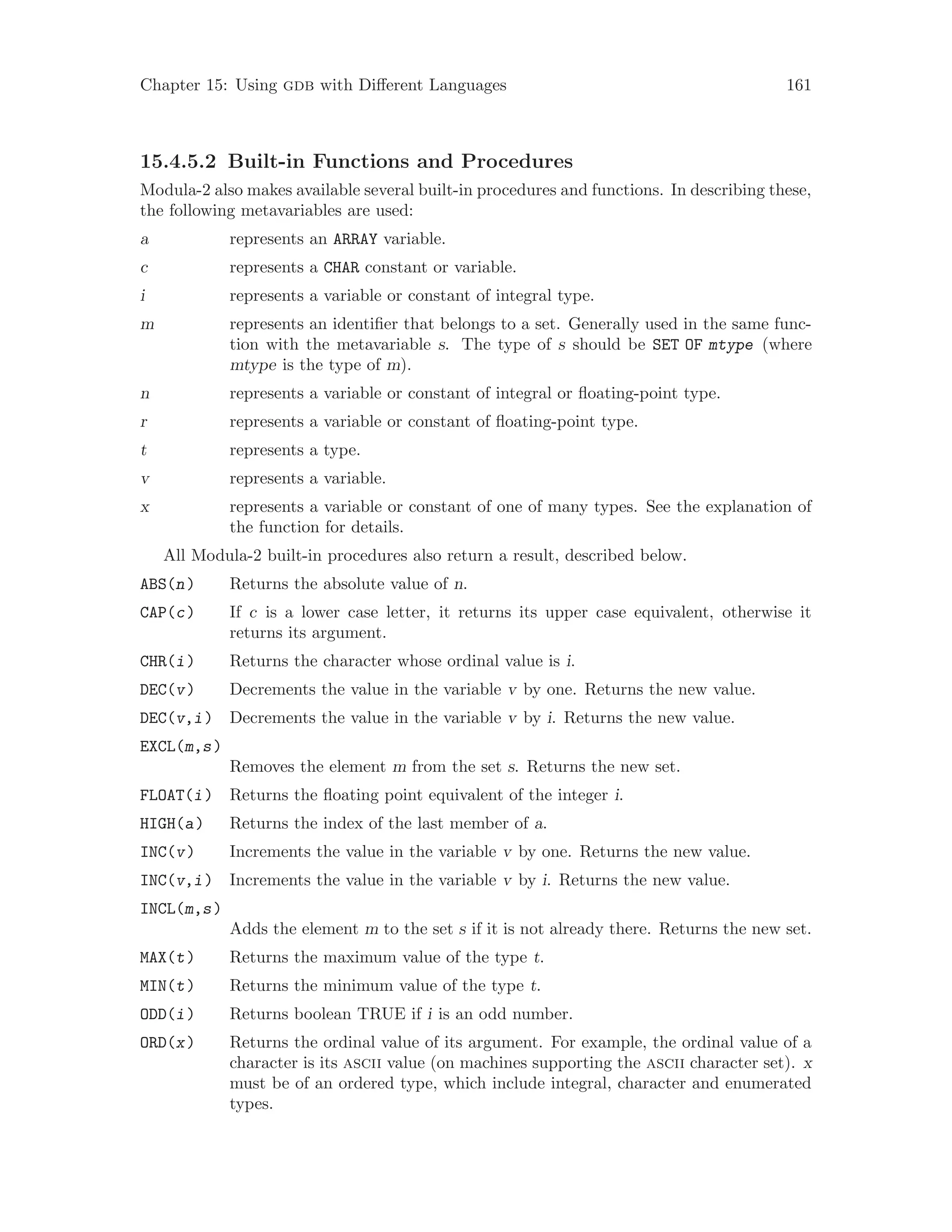 Chapter 15: Using gdb with Different Languages 161
15.4.5.2 Built-in Functions and Procedures
Modula-2 also makes available several built-in procedures and functions. In describing these,
the following metavariables are used:
a represents an ARRAY variable.
c represents a CHAR constant or variable.
i represents a variable or constant of integral type.
m represents an identifier that belongs to a set. Generally used in the same func-
tion with the metavariable s. The type of s should be SET OF mtype (where
mtype is the type of m).
n represents a variable or constant of integral or floating-point type.
r represents a variable or constant of floating-point type.
t represents a type.
v represents a variable.
x represents a variable or constant of one of many types. See the explanation of
the function for details.
All Modula-2 built-in procedures also return a result, described below.
ABS(n) Returns the absolute value of n.
CAP(c) If c is a lower case letter, it returns its upper case equivalent, otherwise it
returns its argument.
CHR(i) Returns the character whose ordinal value is i.
DEC(v) Decrements the value in the variable v by one. Returns the new value.
DEC(v,i) Decrements the value in the variable v by i. Returns the new value.
EXCL(m,s)
Removes the element m from the set s. Returns the new set.
FLOAT(i) Returns the floating point equivalent of the integer i.
HIGH(a) Returns the index of the last member of a.
INC(v) Increments the value in the variable v by one. Returns the new value.
INC(v,i) Increments the value in the variable v by i. Returns the new value.
INCL(m,s)
Adds the element m to the set s if it is not already there. Returns the new set.
MAX(t) Returns the maximum value of the type t.
MIN(t) Returns the minimum value of the type t.
ODD(i) Returns boolean TRUE if i is an odd number.
ORD(x) Returns the ordinal value of its argument. For example, the ordinal value of a
character is its ascii value (on machines supporting the ascii character set). x
must be of an ordered type, which include integral, character and enumerated
types.
 