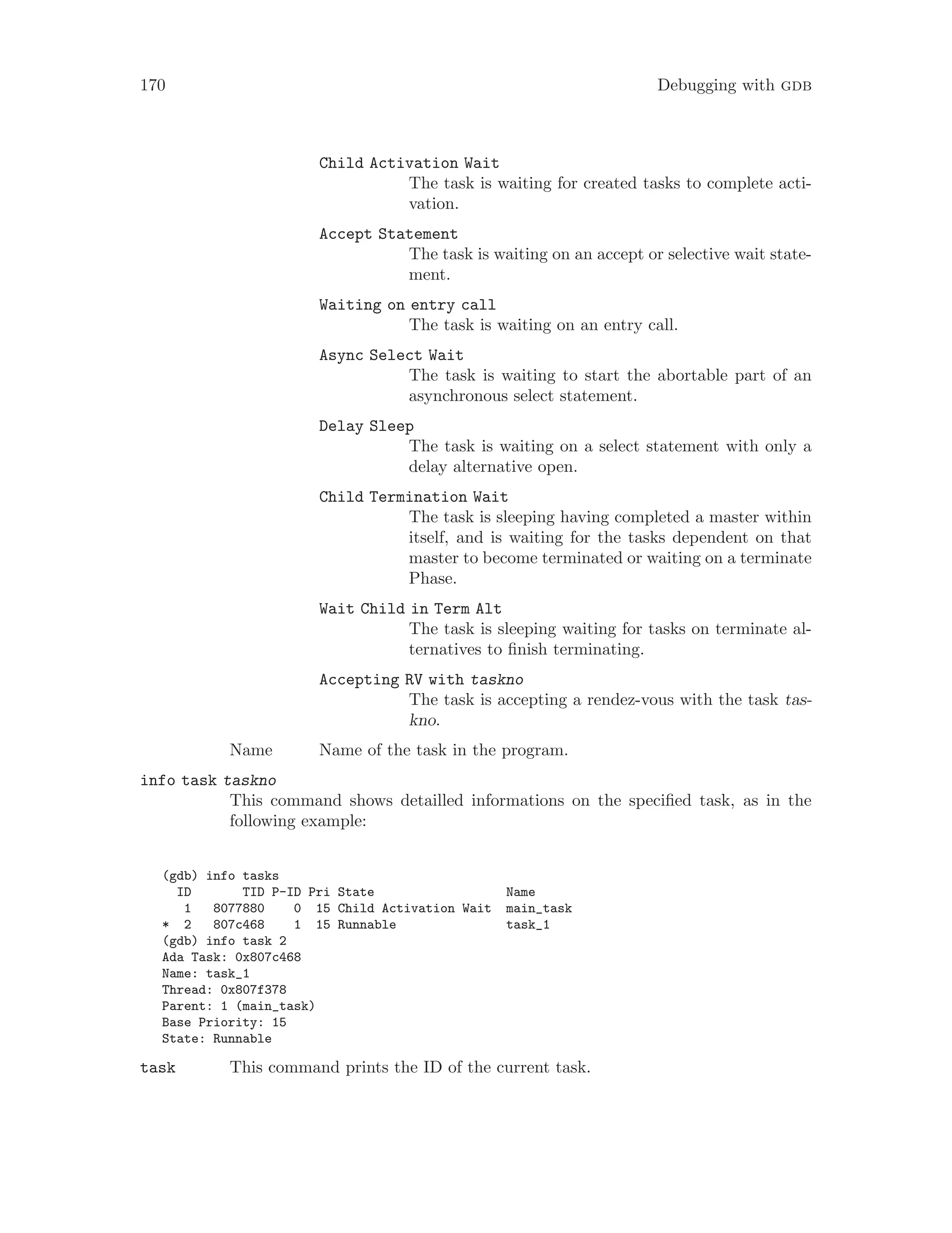 170 Debugging with gdb
Child Activation Wait
The task is waiting for created tasks to complete acti-
vation.
Accept Statement
The task is waiting on an accept or selective wait state-
ment.
Waiting on entry call
The task is waiting on an entry call.
Async Select Wait
The task is waiting to start the abortable part of an
asynchronous select statement.
Delay Sleep
The task is waiting on a select statement with only a
delay alternative open.
Child Termination Wait
The task is sleeping having completed a master within
itself, and is waiting for the tasks dependent on that
master to become terminated or waiting on a terminate
Phase.
Wait Child in Term Alt
The task is sleeping waiting for tasks on terminate al-
ternatives to finish terminating.
Accepting RV with taskno
The task is accepting a rendez-vous with the task tas-
kno.
Name Name of the task in the program.
info task taskno
This command shows detailled informations on the specified task, as in the
following example:
(gdb) info tasks
ID TID P-ID Pri State Name
1 8077880 0 15 Child Activation Wait main_task
* 2 807c468 1 15 Runnable task_1
(gdb) info task 2
Ada Task: 0x807c468
Name: task_1
Thread: 0x807f378
Parent: 1 (main_task)
Base Priority: 15
State: Runnable
task This command prints the ID of the current task.
 