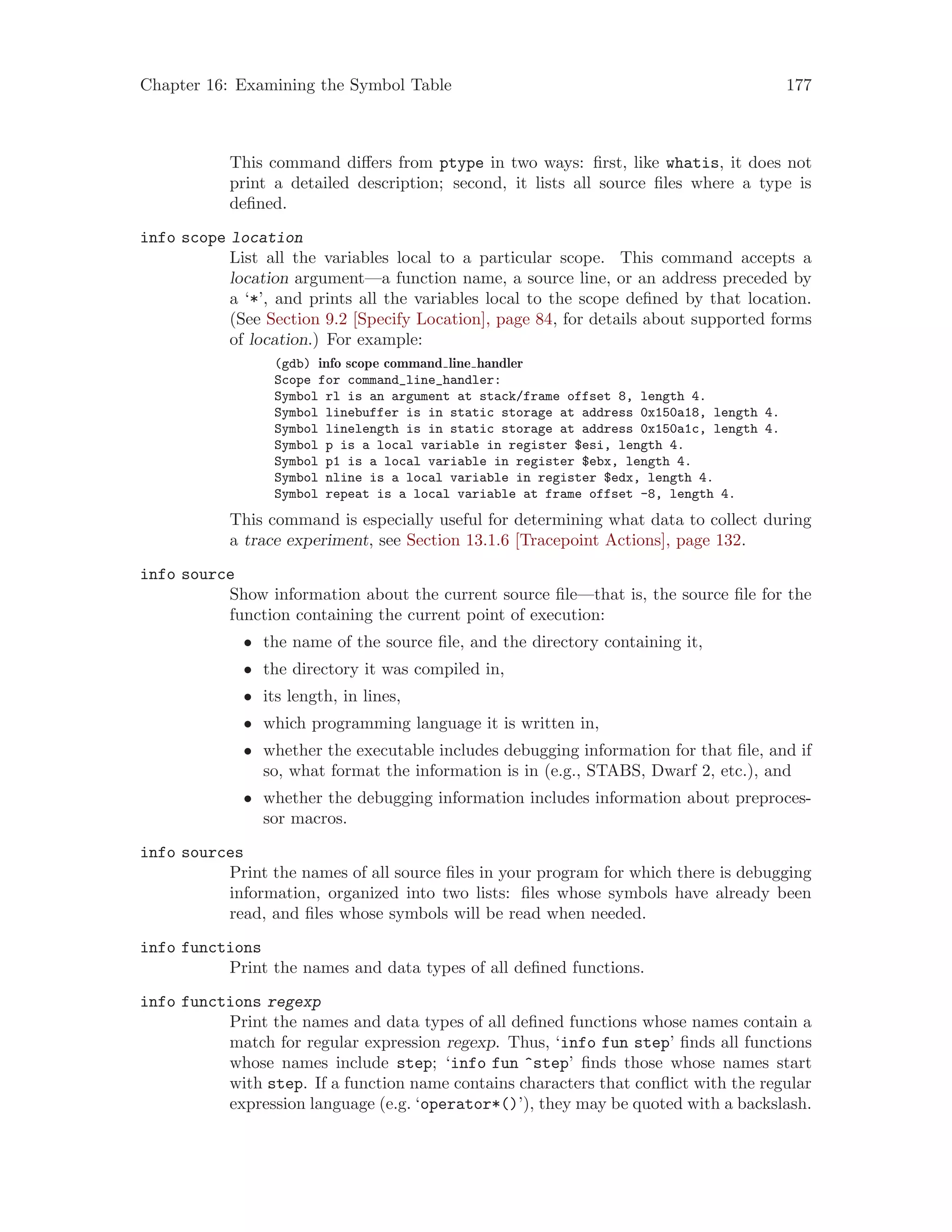 Chapter 16: Examining the Symbol Table 177
This command differs from ptype in two ways: first, like whatis, it does not
print a detailed description; second, it lists all source files where a type is
defined.
info scope location
List all the variables local to a particular scope. This command accepts a
location argument—a function name, a source line, or an address preceded by
a ‘*’, and prints all the variables local to the scope defined by that location.
(See Section 9.2 [Specify Location], page 84, for details about supported forms
of location.) For example:
(gdb) info scope command line handler
Scope for command_line_handler:
Symbol rl is an argument at stack/frame offset 8, length 4.
Symbol linebuffer is in static storage at address 0x150a18, length 4.
Symbol linelength is in static storage at address 0x150a1c, length 4.
Symbol p is a local variable in register $esi, length 4.
Symbol p1 is a local variable in register $ebx, length 4.
Symbol nline is a local variable in register $edx, length 4.
Symbol repeat is a local variable at frame offset -8, length 4.
This command is especially useful for determining what data to collect during
a trace experiment, see Section 13.1.6 [Tracepoint Actions], page 132.
info source
Show information about the current source file—that is, the source file for the
function containing the current point of execution:
• the name of the source file, and the directory containing it,
• the directory it was compiled in,
• its length, in lines,
• which programming language it is written in,
• whether the executable includes debugging information for that file, and if
so, what format the information is in (e.g., STABS, Dwarf 2, etc.), and
• whether the debugging information includes information about preproces-
sor macros.
info sources
Print the names of all source files in your program for which there is debugging
information, organized into two lists: files whose symbols have already been
read, and files whose symbols will be read when needed.
info functions
Print the names and data types of all defined functions.
info functions regexp
Print the names and data types of all defined functions whose names contain a
match for regular expression regexp. Thus, ‘info fun step’ finds all functions
whose names include step; ‘info fun ^step’ finds those whose names start
with step. If a function name contains characters that conflict with the regular
expression language (e.g. ‘operator*()’), they may be quoted with a backslash.
 