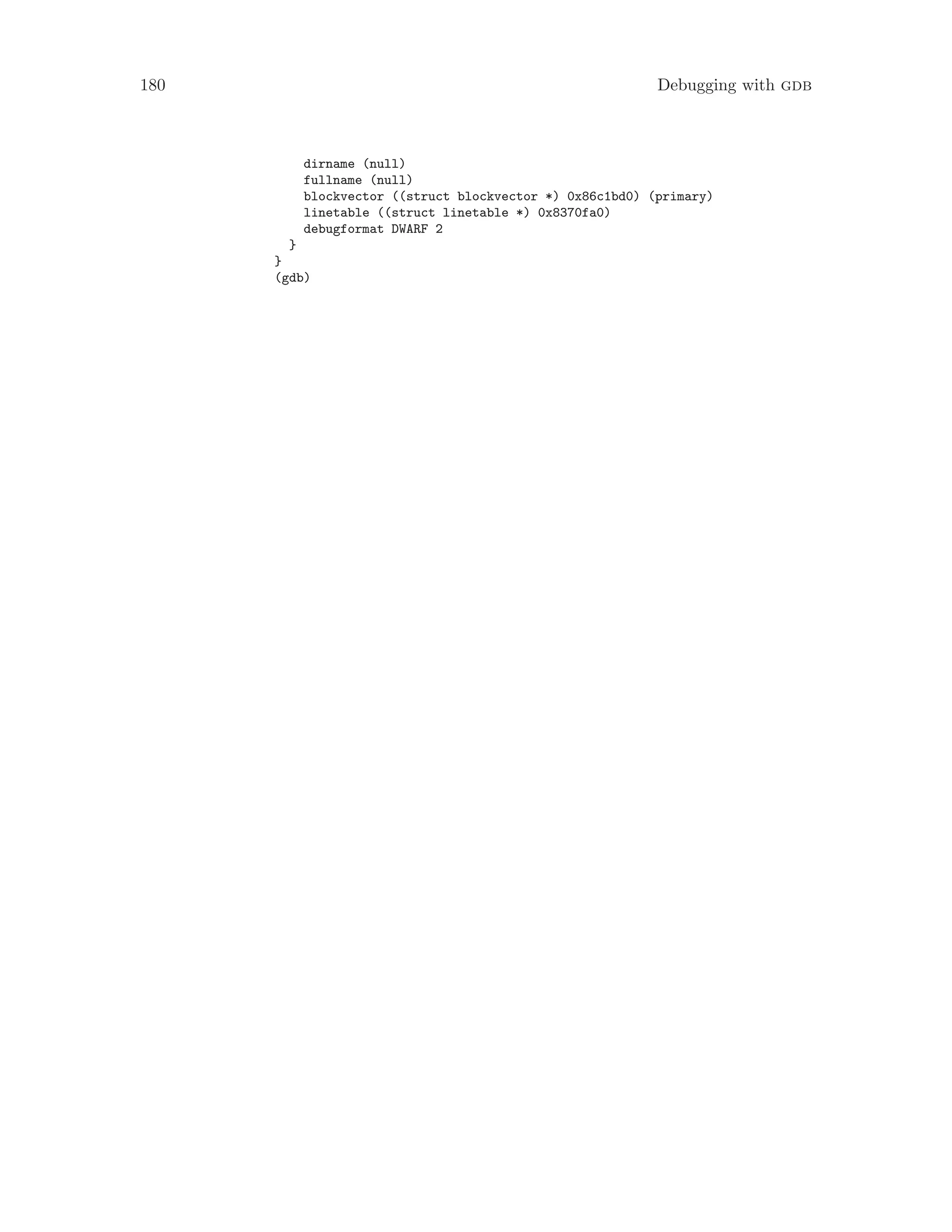 180 Debugging with gdb
dirname (null)
fullname (null)
blockvector ((struct blockvector *) 0x86c1bd0) (primary)
linetable ((struct linetable *) 0x8370fa0)
debugformat DWARF 2
}
}
(gdb)
 