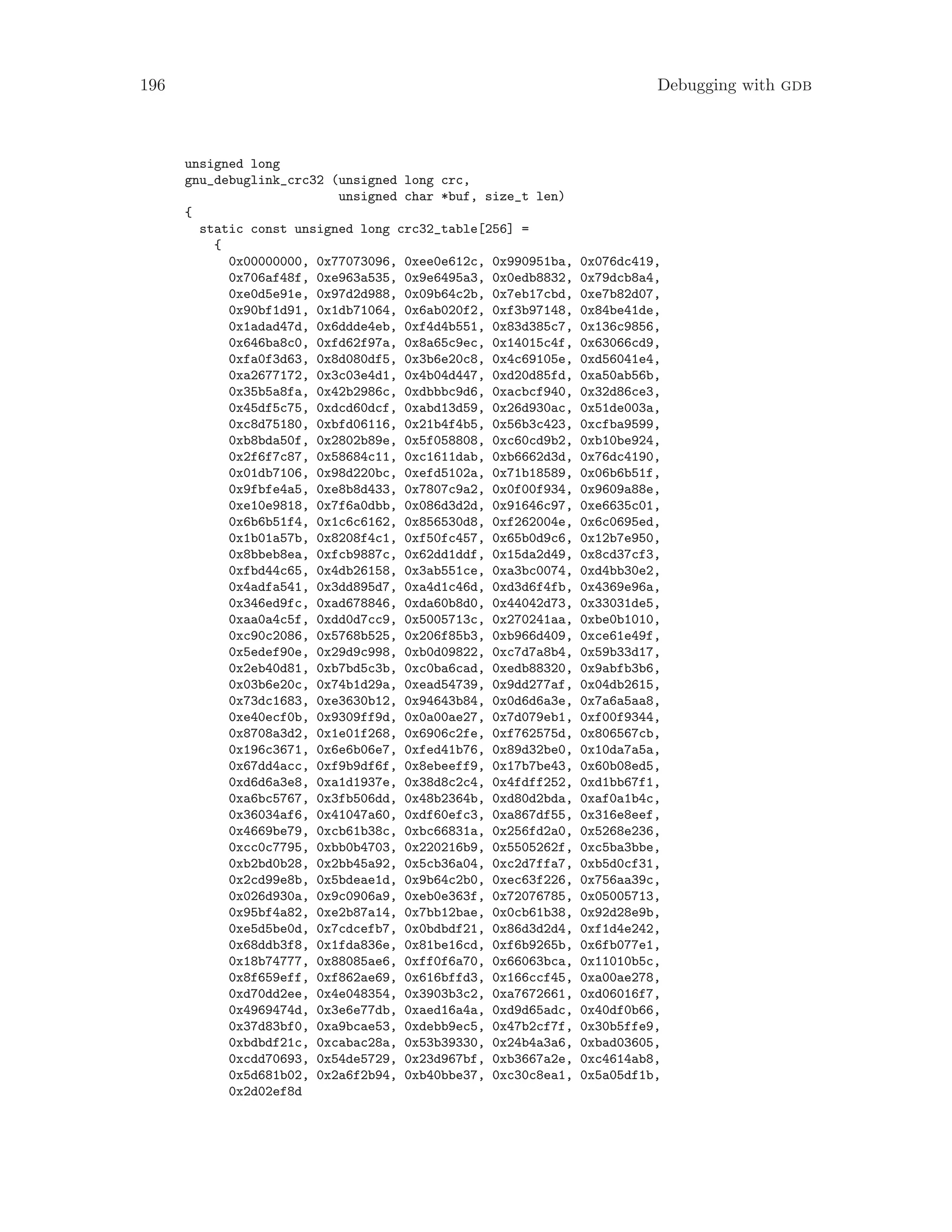 196 Debugging with gdb
unsigned long
gnu_debuglink_crc32 (unsigned long crc,
unsigned char *buf, size_t len)
{
static const unsigned long crc32_table[256] =
{
0x00000000, 0x77073096, 0xee0e612c, 0x990951ba, 0x076dc419,
0x706af48f, 0xe963a535, 0x9e6495a3, 0x0edb8832, 0x79dcb8a4,
0xe0d5e91e, 0x97d2d988, 0x09b64c2b, 0x7eb17cbd, 0xe7b82d07,
0x90bf1d91, 0x1db71064, 0x6ab020f2, 0xf3b97148, 0x84be41de,
0x1adad47d, 0x6ddde4eb, 0xf4d4b551, 0x83d385c7, 0x136c9856,
0x646ba8c0, 0xfd62f97a, 0x8a65c9ec, 0x14015c4f, 0x63066cd9,
0xfa0f3d63, 0x8d080df5, 0x3b6e20c8, 0x4c69105e, 0xd56041e4,
0xa2677172, 0x3c03e4d1, 0x4b04d447, 0xd20d85fd, 0xa50ab56b,
0x35b5a8fa, 0x42b2986c, 0xdbbbc9d6, 0xacbcf940, 0x32d86ce3,
0x45df5c75, 0xdcd60dcf, 0xabd13d59, 0x26d930ac, 0x51de003a,
0xc8d75180, 0xbfd06116, 0x21b4f4b5, 0x56b3c423, 0xcfba9599,
0xb8bda50f, 0x2802b89e, 0x5f058808, 0xc60cd9b2, 0xb10be924,
0x2f6f7c87, 0x58684c11, 0xc1611dab, 0xb6662d3d, 0x76dc4190,
0x01db7106, 0x98d220bc, 0xefd5102a, 0x71b18589, 0x06b6b51f,
0x9fbfe4a5, 0xe8b8d433, 0x7807c9a2, 0x0f00f934, 0x9609a88e,
0xe10e9818, 0x7f6a0dbb, 0x086d3d2d, 0x91646c97, 0xe6635c01,
0x6b6b51f4, 0x1c6c6162, 0x856530d8, 0xf262004e, 0x6c0695ed,
0x1b01a57b, 0x8208f4c1, 0xf50fc457, 0x65b0d9c6, 0x12b7e950,
0x8bbeb8ea, 0xfcb9887c, 0x62dd1ddf, 0x15da2d49, 0x8cd37cf3,
0xfbd44c65, 0x4db26158, 0x3ab551ce, 0xa3bc0074, 0xd4bb30e2,
0x4adfa541, 0x3dd895d7, 0xa4d1c46d, 0xd3d6f4fb, 0x4369e96a,
0x346ed9fc, 0xad678846, 0xda60b8d0, 0x44042d73, 0x33031de5,
0xaa0a4c5f, 0xdd0d7cc9, 0x5005713c, 0x270241aa, 0xbe0b1010,
0xc90c2086, 0x5768b525, 0x206f85b3, 0xb966d409, 0xce61e49f,
0x5edef90e, 0x29d9c998, 0xb0d09822, 0xc7d7a8b4, 0x59b33d17,
0x2eb40d81, 0xb7bd5c3b, 0xc0ba6cad, 0xedb88320, 0x9abfb3b6,
0x03b6e20c, 0x74b1d29a, 0xead54739, 0x9dd277af, 0x04db2615,
0x73dc1683, 0xe3630b12, 0x94643b84, 0x0d6d6a3e, 0x7a6a5aa8,
0xe40ecf0b, 0x9309ff9d, 0x0a00ae27, 0x7d079eb1, 0xf00f9344,
0x8708a3d2, 0x1e01f268, 0x6906c2fe, 0xf762575d, 0x806567cb,
0x196c3671, 0x6e6b06e7, 0xfed41b76, 0x89d32be0, 0x10da7a5a,
0x67dd4acc, 0xf9b9df6f, 0x8ebeeff9, 0x17b7be43, 0x60b08ed5,
0xd6d6a3e8, 0xa1d1937e, 0x38d8c2c4, 0x4fdff252, 0xd1bb67f1,
0xa6bc5767, 0x3fb506dd, 0x48b2364b, 0xd80d2bda, 0xaf0a1b4c,
0x36034af6, 0x41047a60, 0xdf60efc3, 0xa867df55, 0x316e8eef,
0x4669be79, 0xcb61b38c, 0xbc66831a, 0x256fd2a0, 0x5268e236,
0xcc0c7795, 0xbb0b4703, 0x220216b9, 0x5505262f, 0xc5ba3bbe,
0xb2bd0b28, 0x2bb45a92, 0x5cb36a04, 0xc2d7ffa7, 0xb5d0cf31,
0x2cd99e8b, 0x5bdeae1d, 0x9b64c2b0, 0xec63f226, 0x756aa39c,
0x026d930a, 0x9c0906a9, 0xeb0e363f, 0x72076785, 0x05005713,
0x95bf4a82, 0xe2b87a14, 0x7bb12bae, 0x0cb61b38, 0x92d28e9b,
0xe5d5be0d, 0x7cdcefb7, 0x0bdbdf21, 0x86d3d2d4, 0xf1d4e242,
0x68ddb3f8, 0x1fda836e, 0x81be16cd, 0xf6b9265b, 0x6fb077e1,
0x18b74777, 0x88085ae6, 0xff0f6a70, 0x66063bca, 0x11010b5c,
0x8f659eff, 0xf862ae69, 0x616bffd3, 0x166ccf45, 0xa00ae278,
0xd70dd2ee, 0x4e048354, 0x3903b3c2, 0xa7672661, 0xd06016f7,
0x4969474d, 0x3e6e77db, 0xaed16a4a, 0xd9d65adc, 0x40df0b66,
0x37d83bf0, 0xa9bcae53, 0xdebb9ec5, 0x47b2cf7f, 0x30b5ffe9,
0xbdbdf21c, 0xcabac28a, 0x53b39330, 0x24b4a3a6, 0xbad03605,
0xcdd70693, 0x54de5729, 0x23d967bf, 0xb3667a2e, 0xc4614ab8,
0x5d681b02, 0x2a6f2b94, 0xb40bbe37, 0xc30c8ea1, 0x5a05df1b,
0x2d02ef8d
 