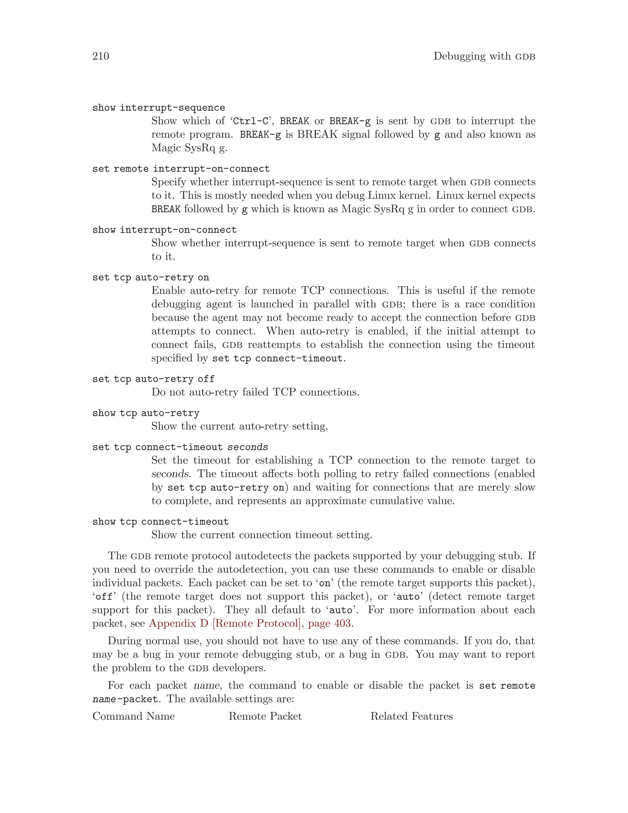 210 Debugging with gdb
show interrupt-sequence
Show which of ‘Ctrl-C’, BREAK or BREAK-g is sent by gdb to interrupt the
remote program. BREAK-g is BREAK signal followed by g and also known as
Magic SysRq g.
set remote interrupt-on-connect
Specify whether interrupt-sequence is sent to remote target when gdb connects
to it. This is mostly needed when you debug Linux kernel. Linux kernel expects
BREAK followed by g which is known as Magic SysRq g in order to connect gdb.
show interrupt-on-connect
Show whether interrupt-sequence is sent to remote target when gdb connects
to it.
set tcp auto-retry on
Enable auto-retry for remote TCP connections. This is useful if the remote
debugging agent is launched in parallel with gdb; there is a race condition
because the agent may not become ready to accept the connection before gdb
attempts to connect. When auto-retry is enabled, if the initial attempt to
connect fails, gdb reattempts to establish the connection using the timeout
specified by set tcp connect-timeout.
set tcp auto-retry off
Do not auto-retry failed TCP connections.
show tcp auto-retry
Show the current auto-retry setting.
set tcp connect-timeout seconds
Set the timeout for establishing a TCP connection to the remote target to
seconds. The timeout affects both polling to retry failed connections (enabled
by set tcp auto-retry on) and waiting for connections that are merely slow
to complete, and represents an approximate cumulative value.
show tcp connect-timeout
Show the current connection timeout setting.
The gdb remote protocol autodetects the packets supported by your debugging stub. If
you need to override the autodetection, you can use these commands to enable or disable
individual packets. Each packet can be set to ‘on’ (the remote target supports this packet),
‘off’ (the remote target does not support this packet), or ‘auto’ (detect remote target
support for this packet). They all default to ‘auto’. For more information about each
packet, see Appendix D [Remote Protocol], page 403.
During normal use, you should not have to use any of these commands. If you do, that
may be a bug in your remote debugging stub, or a bug in gdb. You may want to report
the problem to the gdb developers.
For each packet name, the command to enable or disable the packet is set remote
name-packet. The available settings are:
Command Name Remote Packet Related Features
 