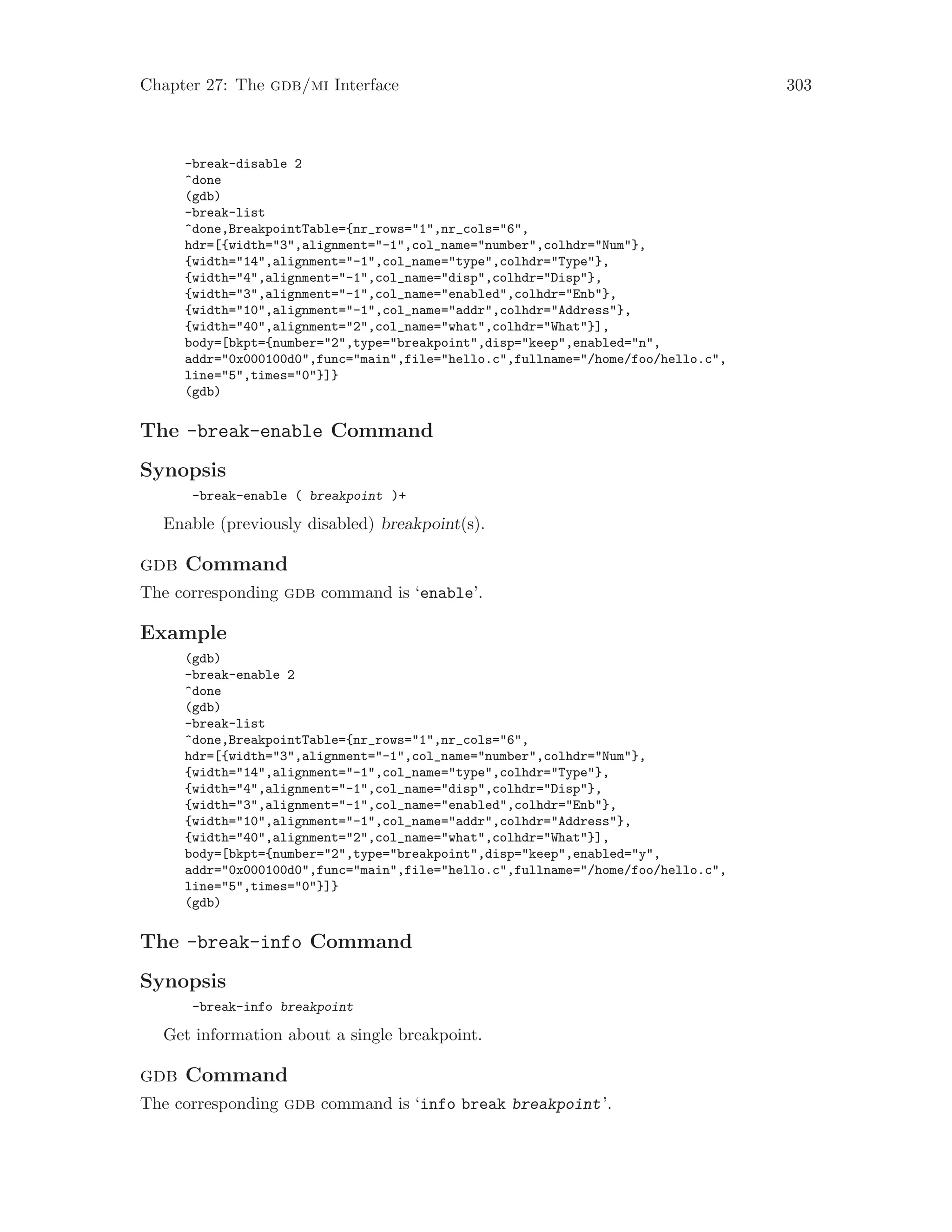 Chapter 27: The gdb/mi Interface 303
-break-disable 2
^done
(gdb)
-break-list
^done,BreakpointTable={nr_rows="1",nr_cols="6",
hdr=[{width="3",alignment="-1",col_name="number",colhdr="Num"},
{width="14",alignment="-1",col_name="type",colhdr="Type"},
{width="4",alignment="-1",col_name="disp",colhdr="Disp"},
{width="3",alignment="-1",col_name="enabled",colhdr="Enb"},
{width="10",alignment="-1",col_name="addr",colhdr="Address"},
{width="40",alignment="2",col_name="what",colhdr="What"}],
body=[bkpt={number="2",type="breakpoint",disp="keep",enabled="n",
addr="0x000100d0",func="main",file="hello.c",fullname="/home/foo/hello.c",
line="5",times="0"}]}
(gdb)
The -break-enable Command
Synopsis
-break-enable ( breakpoint )+
Enable (previously disabled) breakpoint(s).
gdb Command
The corresponding gdb command is ‘enable’.
Example
(gdb)
-break-enable 2
^done
(gdb)
-break-list
^done,BreakpointTable={nr_rows="1",nr_cols="6",
hdr=[{width="3",alignment="-1",col_name="number",colhdr="Num"},
{width="14",alignment="-1",col_name="type",colhdr="Type"},
{width="4",alignment="-1",col_name="disp",colhdr="Disp"},
{width="3",alignment="-1",col_name="enabled",colhdr="Enb"},
{width="10",alignment="-1",col_name="addr",colhdr="Address"},
{width="40",alignment="2",col_name="what",colhdr="What"}],
body=[bkpt={number="2",type="breakpoint",disp="keep",enabled="y",
addr="0x000100d0",func="main",file="hello.c",fullname="/home/foo/hello.c",
line="5",times="0"}]}
(gdb)
The -break-info Command
Synopsis
-break-info breakpoint
Get information about a single breakpoint.
gdb Command
The corresponding gdb command is ‘info break breakpoint’.
 