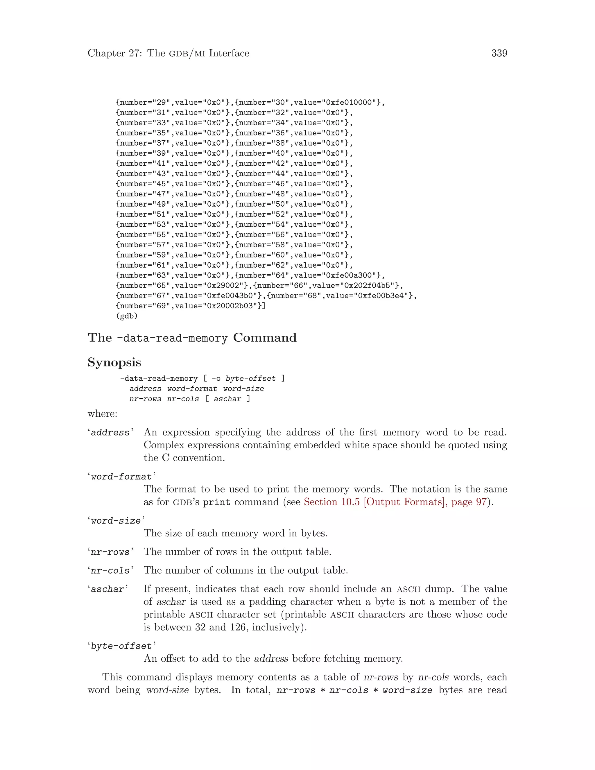 Chapter 27: The gdb/mi Interface 339
{number="29",value="0x0"},{number="30",value="0xfe010000"},
{number="31",value="0x0"},{number="32",value="0x0"},
{number="33",value="0x0"},{number="34",value="0x0"},
{number="35",value="0x0"},{number="36",value="0x0"},
{number="37",value="0x0"},{number="38",value="0x0"},
{number="39",value="0x0"},{number="40",value="0x0"},
{number="41",value="0x0"},{number="42",value="0x0"},
{number="43",value="0x0"},{number="44",value="0x0"},
{number="45",value="0x0"},{number="46",value="0x0"},
{number="47",value="0x0"},{number="48",value="0x0"},
{number="49",value="0x0"},{number="50",value="0x0"},
{number="51",value="0x0"},{number="52",value="0x0"},
{number="53",value="0x0"},{number="54",value="0x0"},
{number="55",value="0x0"},{number="56",value="0x0"},
{number="57",value="0x0"},{number="58",value="0x0"},
{number="59",value="0x0"},{number="60",value="0x0"},
{number="61",value="0x0"},{number="62",value="0x0"},
{number="63",value="0x0"},{number="64",value="0xfe00a300"},
{number="65",value="0x29002"},{number="66",value="0x202f04b5"},
{number="67",value="0xfe0043b0"},{number="68",value="0xfe00b3e4"},
{number="69",value="0x20002b03"}]
(gdb)
The -data-read-memory Command
Synopsis
-data-read-memory [ -o byte-offset ]
address word-format word-size
nr-rows nr-cols [ aschar ]
where:
‘address’ An expression specifying the address of the first memory word to be read.
Complex expressions containing embedded white space should be quoted using
the C convention.
‘word-format’
The format to be used to print the memory words. The notation is the same
as for gdb’s print command (see Section 10.5 [Output Formats], page 97).
‘word-size’
The size of each memory word in bytes.
‘nr-rows’ The number of rows in the output table.
‘nr-cols’ The number of columns in the output table.
‘aschar’ If present, indicates that each row should include an ascii dump. The value
of aschar is used as a padding character when a byte is not a member of the
printable ascii character set (printable ascii characters are those whose code
is between 32 and 126, inclusively).
‘byte-offset’
An offset to add to the address before fetching memory.
This command displays memory contents as a table of nr-rows by nr-cols words, each
word being word-size bytes. In total, nr-rows * nr-cols * word-size bytes are read
 