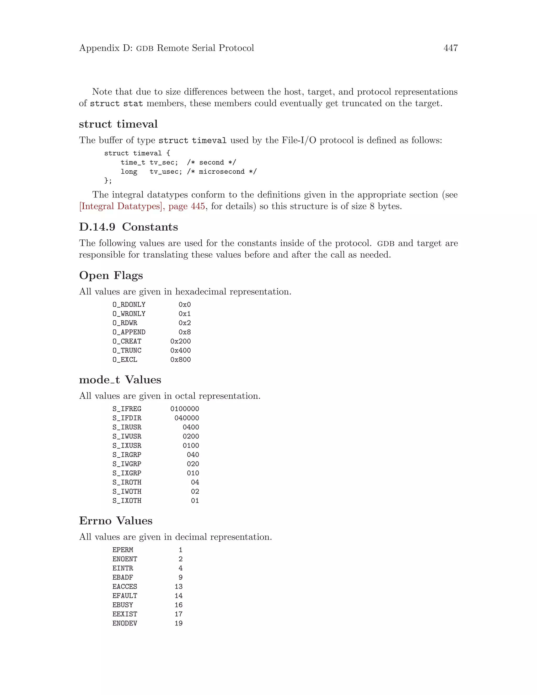 Appendix D: gdb Remote Serial Protocol 447
Note that due to size differences between the host, target, and protocol representations
of struct stat members, these members could eventually get truncated on the target.
struct timeval
The buffer of type struct timeval used by the File-I/O protocol is defined as follows:
struct timeval {
time_t tv_sec; /* second */
long tv_usec; /* microsecond */
};
The integral datatypes conform to the definitions given in the appropriate section (see
[Integral Datatypes], page 445, for details) so this structure is of size 8 bytes.
D.14.9 Constants
The following values are used for the constants inside of the protocol. gdb and target are
responsible for translating these values before and after the call as needed.
Open Flags
All values are given in hexadecimal representation.
O_RDONLY 0x0
O_WRONLY 0x1
O_RDWR 0x2
O_APPEND 0x8
O_CREAT 0x200
O_TRUNC 0x400
O_EXCL 0x800
mode t Values
All values are given in octal representation.
S_IFREG 0100000
S_IFDIR 040000
S_IRUSR 0400
S_IWUSR 0200
S_IXUSR 0100
S_IRGRP 040
S_IWGRP 020
S_IXGRP 010
S_IROTH 04
S_IWOTH 02
S_IXOTH 01
Errno Values
All values are given in decimal representation.
EPERM 1
ENOENT 2
EINTR 4
EBADF 9
EACCES 13
EFAULT 14
EBUSY 16
EEXIST 17
ENODEV 19
 