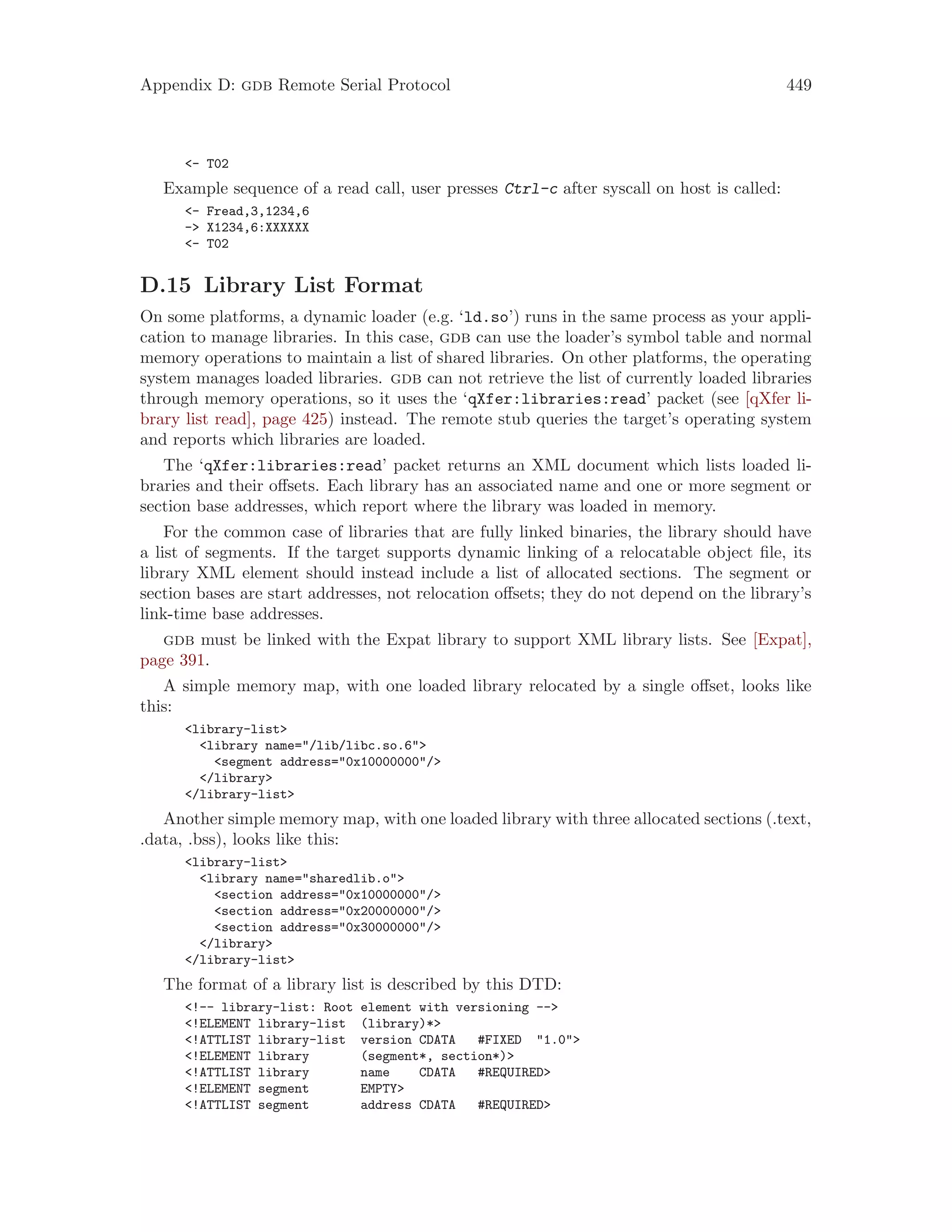 Appendix D: gdb Remote Serial Protocol 449
<- T02
Example sequence of a read call, user presses Ctrl-c after syscall on host is called:
<- Fread,3,1234,6
-> X1234,6:XXXXXX
<- T02
D.15 Library List Format
On some platforms, a dynamic loader (e.g. ‘ld.so’) runs in the same process as your appli-
cation to manage libraries. In this case, gdb can use the loader’s symbol table and normal
memory operations to maintain a list of shared libraries. On other platforms, the operating
system manages loaded libraries. gdb can not retrieve the list of currently loaded libraries
through memory operations, so it uses the ‘qXfer:libraries:read’ packet (see [qXfer li-
brary list read], page 425) instead. The remote stub queries the target’s operating system
and reports which libraries are loaded.
The ‘qXfer:libraries:read’ packet returns an XML document which lists loaded li-
braries and their offsets. Each library has an associated name and one or more segment or
section base addresses, which report where the library was loaded in memory.
For the common case of libraries that are fully linked binaries, the library should have
a list of segments. If the target supports dynamic linking of a relocatable object file, its
library XML element should instead include a list of allocated sections. The segment or
section bases are start addresses, not relocation offsets; they do not depend on the library’s
link-time base addresses.
gdb must be linked with the Expat library to support XML library lists. See [Expat],
page 391.
A simple memory map, with one loaded library relocated by a single offset, looks like
this:
<library-list>
<library name="/lib/libc.so.6">
<segment address="0x10000000"/>
</library>
</library-list>
Another simple memory map, with one loaded library with three allocated sections (.text,
.data, .bss), looks like this:
<library-list>
<library name="sharedlib.o">
<section address="0x10000000"/>
<section address="0x20000000"/>
<section address="0x30000000"/>
</library>
</library-list>
The format of a library list is described by this DTD:
<!-- library-list: Root element with versioning -->
<!ELEMENT library-list (library)*>
<!ATTLIST library-list version CDATA #FIXED "1.0">
<!ELEMENT library (segment*, section*)>
<!ATTLIST library name CDATA #REQUIRED>
<!ELEMENT segment EMPTY>
<!ATTLIST segment address CDATA #REQUIRED>
 
