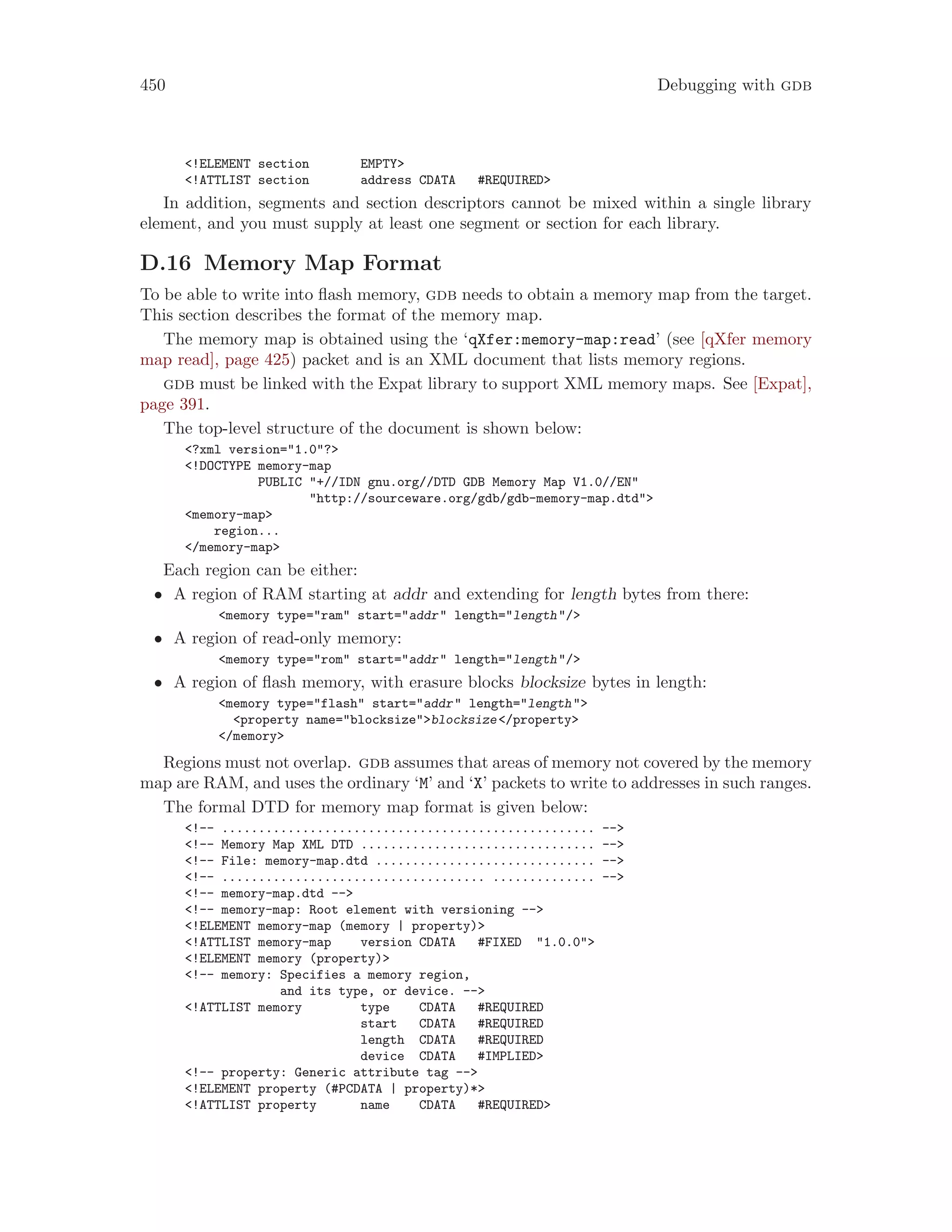 450 Debugging with gdb
<!ELEMENT section EMPTY>
<!ATTLIST section address CDATA #REQUIRED>
In addition, segments and section descriptors cannot be mixed within a single library
element, and you must supply at least one segment or section for each library.
D.16 Memory Map Format
To be able to write into flash memory, gdb needs to obtain a memory map from the target.
This section describes the format of the memory map.
The memory map is obtained using the ‘qXfer:memory-map:read’ (see [qXfer memory
map read], page 425) packet and is an XML document that lists memory regions.
gdb must be linked with the Expat library to support XML memory maps. See [Expat],
page 391.
The top-level structure of the document is shown below:
<?xml version="1.0"?>
<!DOCTYPE memory-map
PUBLIC "+//IDN gnu.org//DTD GDB Memory Map V1.0//EN"
"http://sourceware.org/gdb/gdb-memory-map.dtd">
<memory-map>
region...
</memory-map>
Each region can be either:
• A region of RAM starting at addr and extending for length bytes from there:
<memory type="ram" start="addr" length="length"/>
• A region of read-only memory:
<memory type="rom" start="addr" length="length"/>
• A region of flash memory, with erasure blocks blocksize bytes in length:
<memory type="flash" start="addr" length="length">
<property name="blocksize">blocksize</property>
</memory>
Regions must not overlap. gdb assumes that areas of memory not covered by the memory
map are RAM, and uses the ordinary ‘M’ and ‘X’ packets to write to addresses in such ranges.
The formal DTD for memory map format is given below:
<!-- ................................................... -->
<!-- Memory Map XML DTD ................................ -->
<!-- File: memory-map.dtd .............................. -->
<!-- .................................... .............. -->
<!-- memory-map.dtd -->
<!-- memory-map: Root element with versioning -->
<!ELEMENT memory-map (memory | property)>
<!ATTLIST memory-map version CDATA #FIXED "1.0.0">
<!ELEMENT memory (property)>
<!-- memory: Specifies a memory region,
and its type, or device. -->
<!ATTLIST memory type CDATA #REQUIRED
start CDATA #REQUIRED
length CDATA #REQUIRED
device CDATA #IMPLIED>
<!-- property: Generic attribute tag -->
<!ELEMENT property (#PCDATA | property)*>
<!ATTLIST property name CDATA #REQUIRED>
 