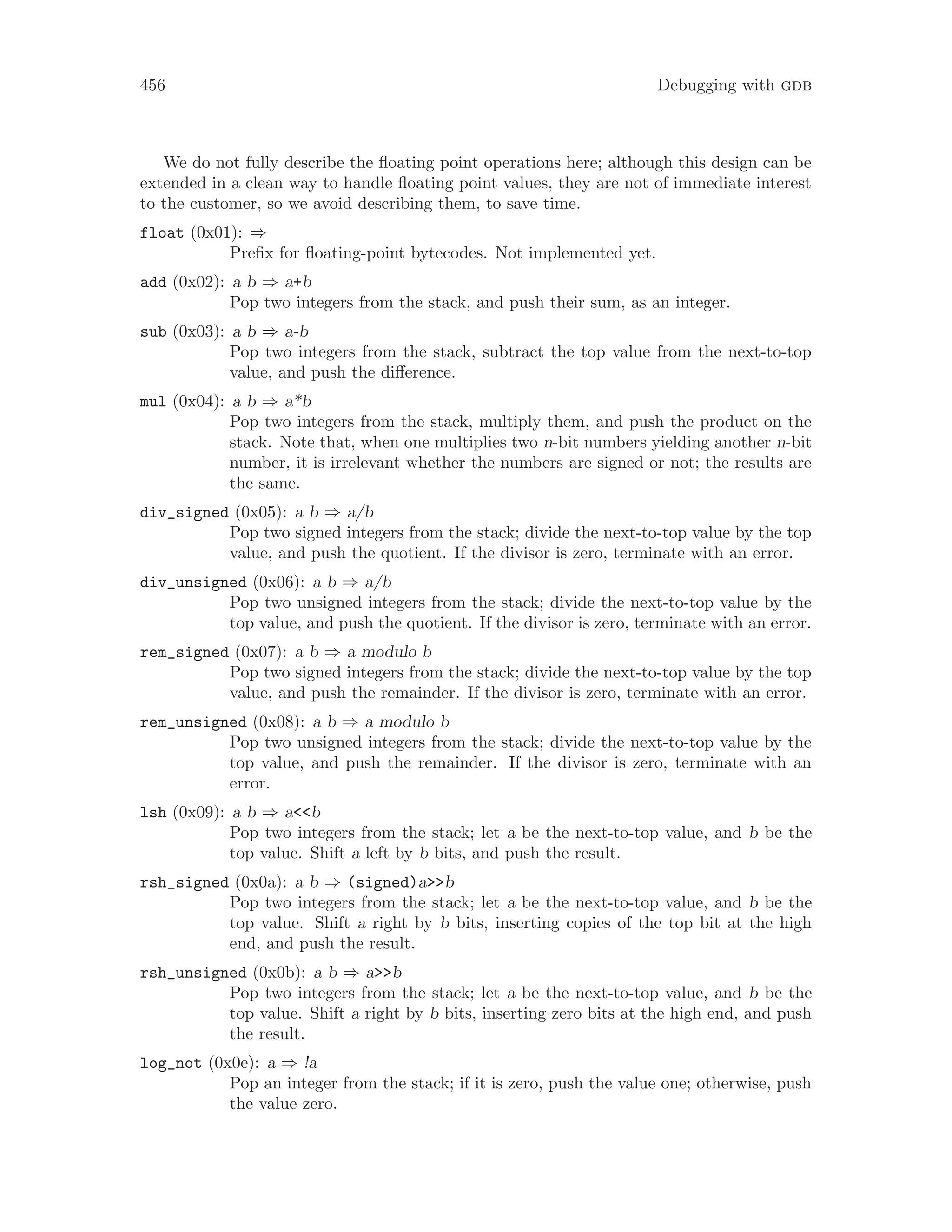 456 Debugging with gdb
We do not fully describe the floating point operations here; although this design can be
extended in a clean way to handle floating point values, they are not of immediate interest
to the customer, so we avoid describing them, to save time.
float (0x01): ⇒
Prefix for floating-point bytecodes. Not implemented yet.
add (0x02): a b ⇒ a+b
Pop two integers from the stack, and push their sum, as an integer.
sub (0x03): a b ⇒ a-b
Pop two integers from the stack, subtract the top value from the next-to-top
value, and push the difference.
mul (0x04): a b ⇒ a*b
Pop two integers from the stack, multiply them, and push the product on the
stack. Note that, when one multiplies two n-bit numbers yielding another n-bit
number, it is irrelevant whether the numbers are signed or not; the results are
the same.
div_signed (0x05): a b ⇒ a/b
Pop two signed integers from the stack; divide the next-to-top value by the top
value, and push the quotient. If the divisor is zero, terminate with an error.
div_unsigned (0x06): a b ⇒ a/b
Pop two unsigned integers from the stack; divide the next-to-top value by the
top value, and push the quotient. If the divisor is zero, terminate with an error.
rem_signed (0x07): a b ⇒ a modulo b
Pop two signed integers from the stack; divide the next-to-top value by the top
value, and push the remainder. If the divisor is zero, terminate with an error.
rem_unsigned (0x08): a b ⇒ a modulo b
Pop two unsigned integers from the stack; divide the next-to-top value by the
top value, and push the remainder. If the divisor is zero, terminate with an
error.
lsh (0x09): a b ⇒ a<<b
Pop two integers from the stack; let a be the next-to-top value, and b be the
top value. Shift a left by b bits, and push the result.
rsh_signed (0x0a): a b ⇒ (signed)a>>b
Pop two integers from the stack; let a be the next-to-top value, and b be the
top value. Shift a right by b bits, inserting copies of the top bit at the high
end, and push the result.
rsh_unsigned (0x0b): a b ⇒ a>>b
Pop two integers from the stack; let a be the next-to-top value, and b be the
top value. Shift a right by b bits, inserting zero bits at the high end, and push
the result.
log_not (0x0e): a ⇒ !a
Pop an integer from the stack; if it is zero, push the value one; otherwise, push
the value zero.
 