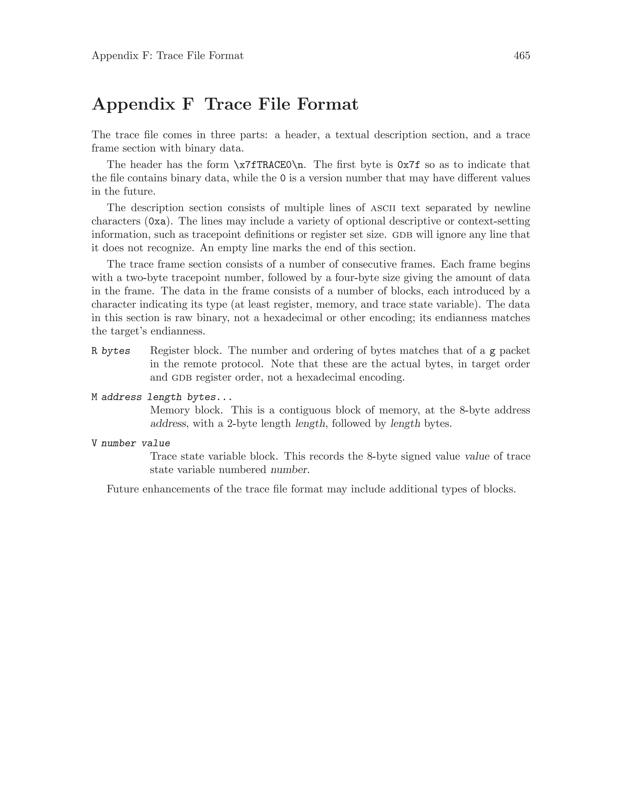 Appendix F: Trace File Format 465
Appendix F Trace File Format
The trace file comes in three parts: a header, a textual description section, and a trace
frame section with binary data.
The header has the form x7fTRACE0n. The first byte is 0x7f so as to indicate that
the file contains binary data, while the 0 is a version number that may have different values
in the future.
The description section consists of multiple lines of ascii text separated by newline
characters (0xa). The lines may include a variety of optional descriptive or context-setting
information, such as tracepoint definitions or register set size. gdb will ignore any line that
it does not recognize. An empty line marks the end of this section.
The trace frame section consists of a number of consecutive frames. Each frame begins
with a two-byte tracepoint number, followed by a four-byte size giving the amount of data
in the frame. The data in the frame consists of a number of blocks, each introduced by a
character indicating its type (at least register, memory, and trace state variable). The data
in this section is raw binary, not a hexadecimal or other encoding; its endianness matches
the target’s endianness.
R bytes Register block. The number and ordering of bytes matches that of a g packet
in the remote protocol. Note that these are the actual bytes, in target order
and gdb register order, not a hexadecimal encoding.
M address length bytes...
Memory block. This is a contiguous block of memory, at the 8-byte address
address, with a 2-byte length length, followed by length bytes.
V number value
Trace state variable block. This records the 8-byte signed value value of trace
state variable numbered number.
Future enhancements of the trace file format may include additional types of blocks.
 