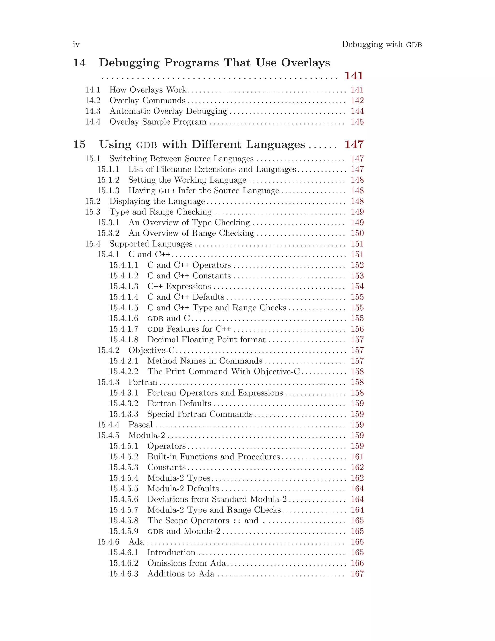 iv Debugging with gdb
14 Debugging Programs That Use Overlays
. . . . . . . . . . . . . . . . . . . . . . . . . . . . . . . . . . . . . . . . . . . . . . . 141
14.1 How Overlays Work. . . . . . . . . . . . . . . . . . . . . . . . . . . . . . . . . . . . . . . . . 141
14.2 Overlay Commands . . . . . . . . . . . . . . . . . . . . . . . . . . . . . . . . . . . . . . . . . 142
14.3 Automatic Overlay Debugging . . . . . . . . . . . . . . . . . . . . . . . . . . . . . . 144
14.4 Overlay Sample Program . . . . . . . . . . . . . . . . . . . . . . . . . . . . . . . . . . . 145
15 Using gdb with Different Languages . . . . . . 147
15.1 Switching Between Source Languages . . . . . . . . . . . . . . . . . . . . . . . 147
15.1.1 List of Filename Extensions and Languages. . . . . . . . . . . . . 147
15.1.2 Setting the Working Language . . . . . . . . . . . . . . . . . . . . . . . . . 148
15.1.3 Having gdb Infer the Source Language . . . . . . . . . . . . . . . . . 148
15.2 Displaying the Language . . . . . . . . . . . . . . . . . . . . . . . . . . . . . . . . . . . . 148
15.3 Type and Range Checking . . . . . . . . . . . . . . . . . . . . . . . . . . . . . . . . . . 149
15.3.1 An Overview of Type Checking . . . . . . . . . . . . . . . . . . . . . . . . 149
15.3.2 An Overview of Range Checking . . . . . . . . . . . . . . . . . . . . . . . 150
15.4 Supported Languages . . . . . . . . . . . . . . . . . . . . . . . . . . . . . . . . . . . . . . . 151
15.4.1 C and C++. . . . . . . . . . . . . . . . . . . . . . . . . . . . . . . . . . . . . . . . . . . . . 151
15.4.1.1 C and C++ Operators . . . . . . . . . . . . . . . . . . . . . . . . . . . . . 152
15.4.1.2 C and C++ Constants . . . . . . . . . . . . . . . . . . . . . . . . . . . . . 153
15.4.1.3 C++ Expressions . . . . . . . . . . . . . . . . . . . . . . . . . . . . . . . . . . 154
15.4.1.4 C and C++ Defaults . . . . . . . . . . . . . . . . . . . . . . . . . . . . . . . 155
15.4.1.5 C and C++ Type and Range Checks . . . . . . . . . . . . . . . 155
15.4.1.6 gdb and C. . . . . . . . . . . . . . . . . . . . . . . . . . . . . . . . . . . . . . . . 155
15.4.1.7 gdb Features for C++ . . . . . . . . . . . . . . . . . . . . . . . . . . . . . 156
15.4.1.8 Decimal Floating Point format . . . . . . . . . . . . . . . . . . . . 157
15.4.2 Objective-C. . . . . . . . . . . . . . . . . . . . . . . . . . . . . . . . . . . . . . . . . . . . 157
15.4.2.1 Method Names in Commands . . . . . . . . . . . . . . . . . . . . . 157
15.4.2.2 The Print Command With Objective-C. . . . . . . . . . . . 158
15.4.3 Fortran . . . . . . . . . . . . . . . . . . . . . . . . . . . . . . . . . . . . . . . . . . . . . . . . 158
15.4.3.1 Fortran Operators and Expressions . . . . . . . . . . . . . . . . 158
15.4.3.2 Fortran Defaults . . . . . . . . . . . . . . . . . . . . . . . . . . . . . . . . . . 159
15.4.3.3 Special Fortran Commands. . . . . . . . . . . . . . . . . . . . . . . . 159
15.4.4 Pascal . . . . . . . . . . . . . . . . . . . . . . . . . . . . . . . . . . . . . . . . . . . . . . . . . 159
15.4.5 Modula-2 . . . . . . . . . . . . . . . . . . . . . . . . . . . . . . . . . . . . . . . . . . . . . . 159
15.4.5.1 Operators. . . . . . . . . . . . . . . . . . . . . . . . . . . . . . . . . . . . . . . . . 159
15.4.5.2 Built-in Functions and Procedures. . . . . . . . . . . . . . . . . 161
15.4.5.3 Constants. . . . . . . . . . . . . . . . . . . . . . . . . . . . . . . . . . . . . . . . . 162
15.4.5.4 Modula-2 Types. . . . . . . . . . . . . . . . . . . . . . . . . . . . . . . . . . . 162
15.4.5.5 Modula-2 Defaults . . . . . . . . . . . . . . . . . . . . . . . . . . . . . . . . 164
15.4.5.6 Deviations from Standard Modula-2 . . . . . . . . . . . . . . . 164
15.4.5.7 Modula-2 Type and Range Checks. . . . . . . . . . . . . . . . . 164
15.4.5.8 The Scope Operators :: and . . . . . . . . . . . . . . . . . . . . . 165
15.4.5.9 gdb and Modula-2 . . . . . . . . . . . . . . . . . . . . . . . . . . . . . . . . 165
15.4.6 Ada . . . . . . . . . . . . . . . . . . . . . . . . . . . . . . . . . . . . . . . . . . . . . . . . . . . 165
15.4.6.1 Introduction . . . . . . . . . . . . . . . . . . . . . . . . . . . . . . . . . . . . . . 165
15.4.6.2 Omissions from Ada. . . . . . . . . . . . . . . . . . . . . . . . . . . . . . . 166
15.4.6.3 Additions to Ada . . . . . . . . . . . . . . . . . . . . . . . . . . . . . . . . . 167
 