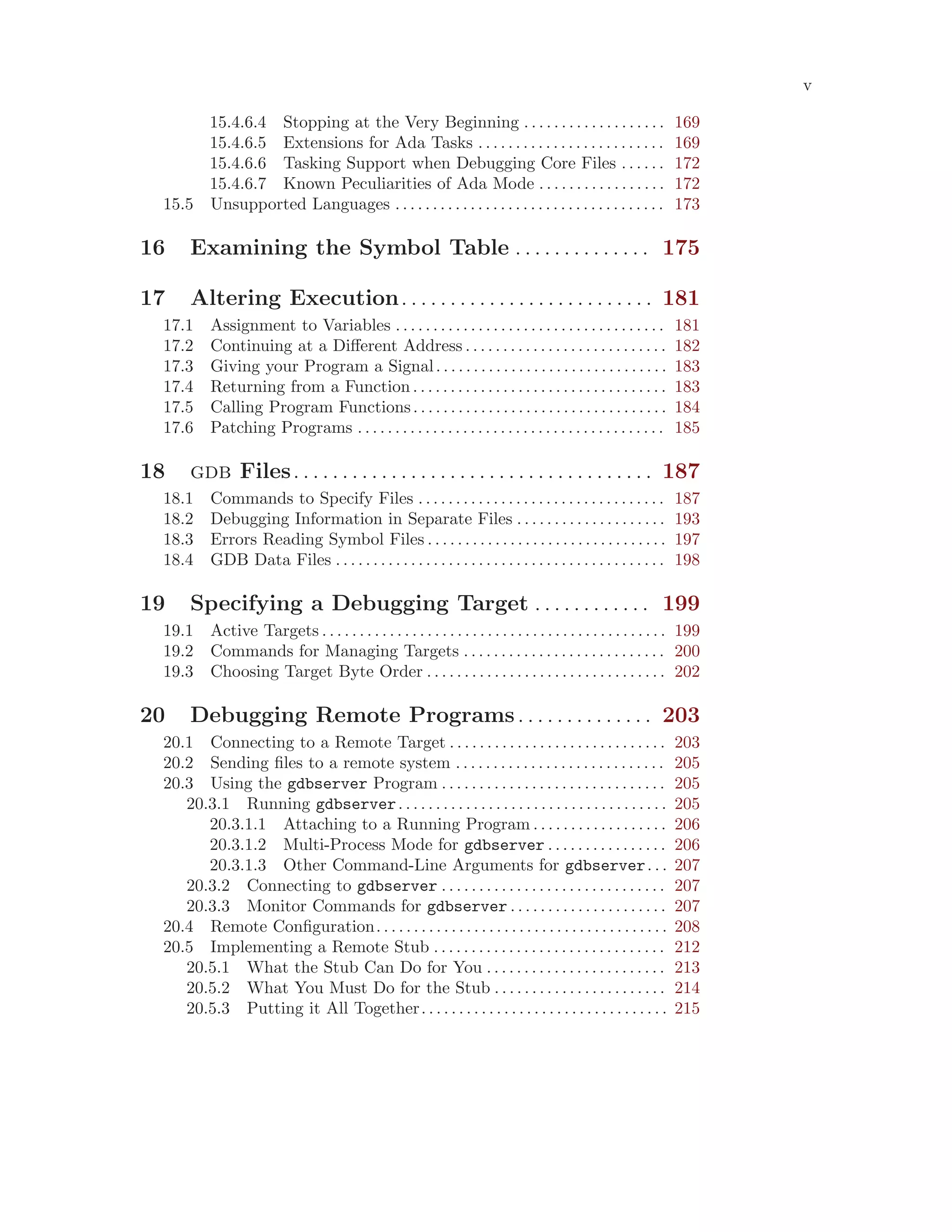 v
15.4.6.4 Stopping at the Very Beginning . . . . . . . . . . . . . . . . . . . 169
15.4.6.5 Extensions for Ada Tasks . . . . . . . . . . . . . . . . . . . . . . . . . 169
15.4.6.6 Tasking Support when Debugging Core Files . . . . . . 172
15.4.6.7 Known Peculiarities of Ada Mode . . . . . . . . . . . . . . . . . 172
15.5 Unsupported Languages . . . . . . . . . . . . . . . . . . . . . . . . . . . . . . . . . . . . 173
16 Examining the Symbol Table . . . . . . . . . . . . . . 175
17 Altering Execution. . . . . . . . . . . . . . . . . . . . . . . . . . 181
17.1 Assignment to Variables . . . . . . . . . . . . . . . . . . . . . . . . . . . . . . . . . . . . 181
17.2 Continuing at a Different Address . . . . . . . . . . . . . . . . . . . . . . . . . . . 182
17.3 Giving your Program a Signal. . . . . . . . . . . . . . . . . . . . . . . . . . . . . . . 183
17.4 Returning from a Function. . . . . . . . . . . . . . . . . . . . . . . . . . . . . . . . . . 183
17.5 Calling Program Functions. . . . . . . . . . . . . . . . . . . . . . . . . . . . . . . . . . 184
17.6 Patching Programs . . . . . . . . . . . . . . . . . . . . . . . . . . . . . . . . . . . . . . . . . 185
18 gdb Files. . . . . . . . . . . . . . . . . . . . . . . . . . . . . . . . . . . . . 187
18.1 Commands to Specify Files . . . . . . . . . . . . . . . . . . . . . . . . . . . . . . . . . 187
18.2 Debugging Information in Separate Files . . . . . . . . . . . . . . . . . . . . 193
18.3 Errors Reading Symbol Files . . . . . . . . . . . . . . . . . . . . . . . . . . . . . . . . 197
18.4 GDB Data Files . . . . . . . . . . . . . . . . . . . . . . . . . . . . . . . . . . . . . . . . . . . . 198
19 Specifying a Debugging Target . . . . . . . . . . . . 199
19.1 Active Targets . . . . . . . . . . . . . . . . . . . . . . . . . . . . . . . . . . . . . . . . . . . . . . 199
19.2 Commands for Managing Targets . . . . . . . . . . . . . . . . . . . . . . . . . . . 200
19.3 Choosing Target Byte Order . . . . . . . . . . . . . . . . . . . . . . . . . . . . . . . . 202
20 Debugging Remote Programs. . . . . . . . . . . . . . 203
20.1 Connecting to a Remote Target . . . . . . . . . . . . . . . . . . . . . . . . . . . . . 203
20.2 Sending files to a remote system . . . . . . . . . . . . . . . . . . . . . . . . . . . . 205
20.3 Using the gdbserver Program . . . . . . . . . . . . . . . . . . . . . . . . . . . . . . 205
20.3.1 Running gdbserver. . . . . . . . . . . . . . . . . . . . . . . . . . . . . . . . . . . . 205
20.3.1.1 Attaching to a Running Program . . . . . . . . . . . . . . . . . . 206
20.3.1.2 Multi-Process Mode for gdbserver . . . . . . . . . . . . . . . . 206
20.3.1.3 Other Command-Line Arguments for gdbserver. . . 207
20.3.2 Connecting to gdbserver . . . . . . . . . . . . . . . . . . . . . . . . . . . . . . 207
20.3.3 Monitor Commands for gdbserver . . . . . . . . . . . . . . . . . . . . . 207
20.4 Remote Configuration. . . . . . . . . . . . . . . . . . . . . . . . . . . . . . . . . . . . . . . 208
20.5 Implementing a Remote Stub . . . . . . . . . . . . . . . . . . . . . . . . . . . . . . . 212
20.5.1 What the Stub Can Do for You . . . . . . . . . . . . . . . . . . . . . . . . 213
20.5.2 What You Must Do for the Stub . . . . . . . . . . . . . . . . . . . . . . . 214
20.5.3 Putting it All Together. . . . . . . . . . . . . . . . . . . . . . . . . . . . . . . . . 215
 