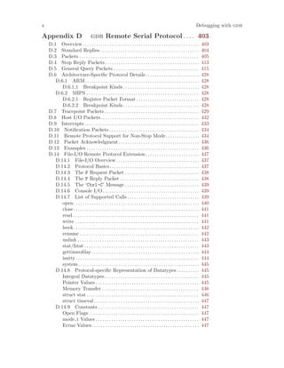 x Debugging with gdb
Appendix D gdb Remote Serial Protocol . . . . 403
D.1 Overview. . . . . . . . . . . . . . . . . . . . . . . . . . . . . . . . . . . . . . . . . . . . . . . . . . . . 403
D.2 Standard Replies . . . . . . . . . . . . . . . . . . . . . . . . . . . . . . . . . . . . . . . . . . . . 404
D.3 Packets . . . . . . . . . . . . . . . . . . . . . . . . . . . . . . . . . . . . . . . . . . . . . . . . . . . . . 405
D.4 Stop Reply Packets. . . . . . . . . . . . . . . . . . . . . . . . . . . . . . . . . . . . . . . . . . 413
D.5 General Query Packets . . . . . . . . . . . . . . . . . . . . . . . . . . . . . . . . . . . . . . 415
D.6 Architecture-Specific Protocol Details. . . . . . . . . . . . . . . . . . . . . . . . 428
D.6.1 ARM. . . . . . . . . . . . . . . . . . . . . . . . . . . . . . . . . . . . . . . . . . . . . . . . . . . 428
D.6.1.1 Breakpoint Kinds. . . . . . . . . . . . . . . . . . . . . . . . . . . . . . . . . . 428
D.6.2 MIPS . . . . . . . . . . . . . . . . . . . . . . . . . . . . . . . . . . . . . . . . . . . . . . . . . . 428
D.6.2.1 Register Packet Format . . . . . . . . . . . . . . . . . . . . . . . . . . . . 428
D.6.2.2 Breakpoint Kinds. . . . . . . . . . . . . . . . . . . . . . . . . . . . . . . . . . 428
D.7 Tracepoint Packets . . . . . . . . . . . . . . . . . . . . . . . . . . . . . . . . . . . . . . . . . . 429
D.8 Host I/O Packets. . . . . . . . . . . . . . . . . . . . . . . . . . . . . . . . . . . . . . . . . . . . 432
D.9 Interrupts . . . . . . . . . . . . . . . . . . . . . . . . . . . . . . . . . . . . . . . . . . . . . . . . . . . 433
D.10 Notification Packets . . . . . . . . . . . . . . . . . . . . . . . . . . . . . . . . . . . . . . . . 434
D.11 Remote Protocol Support for Non-Stop Mode. . . . . . . . . . . . . . . 434
D.12 Packet Acknowledgment. . . . . . . . . . . . . . . . . . . . . . . . . . . . . . . . . . . . 436
D.13 Examples . . . . . . . . . . . . . . . . . . . . . . . . . . . . . . . . . . . . . . . . . . . . . . . . . . 436
D.14 File-I/O Remote Protocol Extension. . . . . . . . . . . . . . . . . . . . . . . . 437
D.14.1 File-I/O Overview. . . . . . . . . . . . . . . . . . . . . . . . . . . . . . . . . . . . . 437
D.14.2 Protocol Basics. . . . . . . . . . . . . . . . . . . . . . . . . . . . . . . . . . . . . . . . 437
D.14.3 The F Request Packet . . . . . . . . . . . . . . . . . . . . . . . . . . . . . . . . . 438
D.14.4 The F Reply Packet . . . . . . . . . . . . . . . . . . . . . . . . . . . . . . . . . . . 438
D.14.5 The ‘Ctrl-C’ Message . . . . . . . . . . . . . . . . . . . . . . . . . . . . . . . . . 439
D.14.6 Console I/O. . . . . . . . . . . . . . . . . . . . . . . . . . . . . . . . . . . . . . . . . . . 439
D.14.7 List of Supported Calls . . . . . . . . . . . . . . . . . . . . . . . . . . . . . . . . 439
open. . . . . . . . . . . . . . . . . . . . . . . . . . . . . . . . . . . . . . . . . . . . . . . . . . . . . . . . 440
close. . . . . . . . . . . . . . . . . . . . . . . . . . . . . . . . . . . . . . . . . . . . . . . . . . . . . . . . 441
read . . . . . . . . . . . . . . . . . . . . . . . . . . . . . . . . . . . . . . . . . . . . . . . . . . . . . . . . 441
write . . . . . . . . . . . . . . . . . . . . . . . . . . . . . . . . . . . . . . . . . . . . . . . . . . . . . . . 441
lseek. . . . . . . . . . . . . . . . . . . . . . . . . . . . . . . . . . . . . . . . . . . . . . . . . . . . . . . . 442
rename . . . . . . . . . . . . . . . . . . . . . . . . . . . . . . . . . . . . . . . . . . . . . . . . . . . . . 442
unlink . . . . . . . . . . . . . . . . . . . . . . . . . . . . . . . . . . . . . . . . . . . . . . . . . . . . . . 443
stat/fstat . . . . . . . . . . . . . . . . . . . . . . . . . . . . . . . . . . . . . . . . . . . . . . . . . . . 443
gettimeofday. . . . . . . . . . . . . . . . . . . . . . . . . . . . . . . . . . . . . . . . . . . . . . . . 444
isatty . . . . . . . . . . . . . . . . . . . . . . . . . . . . . . . . . . . . . . . . . . . . . . . . . . . . . . . 444
system. . . . . . . . . . . . . . . . . . . . . . . . . . . . . . . . . . . . . . . . . . . . . . . . . . . . . . 445
D.14.8 Protocol-specific Representation of Datatypes . . . . . . . . . . 445
Integral Datatypes . . . . . . . . . . . . . . . . . . . . . . . . . . . . . . . . . . . . . . . . . . 445
Pointer Values . . . . . . . . . . . . . . . . . . . . . . . . . . . . . . . . . . . . . . . . . . . . . . 445
Memory Transfer . . . . . . . . . . . . . . . . . . . . . . . . . . . . . . . . . . . . . . . . . . . 446
struct stat . . . . . . . . . . . . . . . . . . . . . . . . . . . . . . . . . . . . . . . . . . . . . . . . . . 446
struct timeval. . . . . . . . . . . . . . . . . . . . . . . . . . . . . . . . . . . . . . . . . . . . . . . 447
D.14.9 Constants . . . . . . . . . . . . . . . . . . . . . . . . . . . . . . . . . . . . . . . . . . . . . 447
Open Flags . . . . . . . . . . . . . . . . . . . . . . . . . . . . . . . . . . . . . . . . . . . . . . . . . 447
mode t Values . . . . . . . . . . . . . . . . . . . . . . . . . . . . . . . . . . . . . . . . . . . . . . 447
Errno Values. . . . . . . . . . . . . . . . . . . . . . . . . . . . . . . . . . . . . . . . . . . . . . . . 447
 