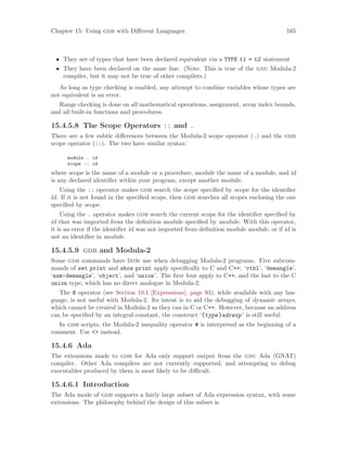 Chapter 15: Using gdb with Different Languages 165
• They are of types that have been declared equivalent via a TYPE t1 = t2 statement
• They have been declared on the same line. (Note: This is true of the gnu Modula-2
compiler, but it may not be true of other compilers.)
As long as type checking is enabled, any attempt to combine variables whose types are
not equivalent is an error.
Range checking is done on all mathematical operations, assignment, array index bounds,
and all built-in functions and procedures.
15.4.5.8 The Scope Operators :: and .
There are a few subtle differences between the Modula-2 scope operator (.) and the gdb
scope operator (::). The two have similar syntax:
module . id
scope :: id
where scope is the name of a module or a procedure, module the name of a module, and id
is any declared identifier within your program, except another module.
Using the :: operator makes gdb search the scope specified by scope for the identifier
id. If it is not found in the specified scope, then gdb searches all scopes enclosing the one
specified by scope.
Using the . operator makes gdb search the current scope for the identifier specified by
id that was imported from the definition module specified by module. With this operator,
it is an error if the identifier id was not imported from definition module module, or if id is
not an identifier in module.
15.4.5.9 gdb and Modula-2
Some gdb commands have little use when debugging Modula-2 programs. Five subcom-
mands of set print and show print apply specifically to C and C++: ‘vtbl’, ‘demangle’,
‘asm-demangle’, ‘object’, and ‘union’. The first four apply to C++, and the last to the C
union type, which has no direct analogue in Modula-2.
The @ operator (see Section 10.1 [Expressions], page 93), while available with any lan-
guage, is not useful with Modula-2. Its intent is to aid the debugging of dynamic arrays,
which cannot be created in Modula-2 as they can in C or C++. However, because an address
can be specified by an integral constant, the construct ‘{type}adrexp’ is still useful.
In gdb scripts, the Modula-2 inequality operator # is interpreted as the beginning of a
comment. Use <> instead.
15.4.6 Ada
The extensions made to gdb for Ada only support output from the gnu Ada (GNAT)
compiler. Other Ada compilers are not currently supported, and attempting to debug
executables produced by them is most likely to be difficult.
15.4.6.1 Introduction
The Ada mode of gdb supports a fairly large subset of Ada expression syntax, with some
extensions. The philosophy behind the design of this subset is
 