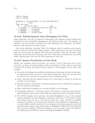 172 Debugging with gdb
task # 1 running
task # 2 running
Breakpoint 5, test_task_debug () at test_task_debug.adb:15
15 flush;
(gdb) info tasks
ID TID P-ID Pri State Name
1 140022020 0 15 Child Activation Wait main_task
* 2 140045060 1 15 Runnable t2
3 140044840 1 15 Runnable t1
4 140056040 1 15 Delay Sleep t3
15.4.6.6 Tasking Support when Debugging Core Files
When inspecting a core file, as opposed to debugging a live program, tasking support may
be limited or even unavailable, depending on the platform being used. For instance, on
x86-linux, the list of tasks is available, but task switching is not supported. On Tru64,
however, task switching will work as usual.
On certain platforms, including Tru64, the debugger needs to perform some memory
writes in order to provide Ada tasking support. When inspecting a core file, this means
that the core file must be opened with read-write privileges, using the command ‘"set
write on"’ (see Section 17.6 [Patching], page 185). Under these circumstances, you should
make a backup copy of the core file before inspecting it with gdb.
15.4.6.7 Known Peculiarities of Ada Mode
Besides the omissions listed previously (see Section 15.4.6.2 [Omissions from Ada],
page 166), we know of several problems with and limitations of Ada mode in gdb, some
of which will be fixed with planned future releases of the debugger and the GNU Ada
compiler.
• Currently, the debugger has insufficient information to determine whether certain point-
ers represent pointers to objects or the objects themselves. Thus, the user may have
to tack an extra .all after an expression to get it printed properly.
• Static constants that the compiler chooses not to materialize as objects in storage are
invisible to the debugger.
• Named parameter associations in function argument lists are ignored (the argument
lists are treated as positional).
• Many useful library packages are currently invisible to the debugger.
• Fixed-point arithmetic, conversions, input, and output is carried out using floating-
point arithmetic, and may give results that only approximate those on the host machine.
• The GNAT compiler never generates the prefix Standard for any of the standard
symbols defined by the Ada language. gdb knows about this: it will strip the prefix
from names when you use it, and will never look for a name you have so qualified
among local symbols, nor match against symbols in other packages or subprograms. If
you have defined entities anywhere in your program other than parameters and local
variables whose simple names match names in Standard, GNAT’s lack of qualification
here can cause confusion. When this happens, you can usually resolve the confusion
by qualifying the problematic names with package Standard explicitly.
 
