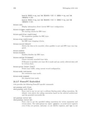 236 Debugging with gdb
hwatch ($LEA == my_var) && ($LDATA < 50) || ($SEA == my_var) &&
($SDATA >= 50)
hwatch ($LEA == my_var) && ($LDATA < 50) || ($SEA == my_var) &&
($SDATA >= 50)
htrace info
Display information about current HW trace configuration.
htrace trigger conditional
Set starting criteria for HW trace.
htrace qualifier conditional
Set acquisition qualifier for HW trace.
htrace stop conditional
Set HW trace stopping criteria.
htrace record [data]*
Selects the data to be recorded, when qualifier is met and HW trace was trig-
gered.
htrace enable
htrace disable
Enables/disables the HW trace.
htrace rewind [filename]
Clears currently recorded trace data.
If filename is specified, new trace file is made and any newly collected data will
be written there.
htrace print [start [len]]
Prints trace buffer, using current record configuration.
htrace mode continuous
Set continuous trace mode.
htrace mode suspend
Set suspend trace mode.
21.3.7 PowerPC Embedded
gdb provides the following PowerPC-specific commands:
set powerpc soft-float
show powerpc soft-float
Force gdb to use (or not use) a software floating point calling convention. By
default, gdb selects the calling convention based on the selected architecture
and the provided executable file.
set powerpc vector-abi
show powerpc vector-abi
Force gdb to use the specified calling convention for vector arguments and
return values. The valid options are ‘auto’; ‘generic’, to avoid vector registers
even if they are present; ‘altivec’, to use AltiVec registers; and ‘spe’ to use
 
