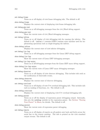 252 Debugging with gdb
set debug frame
Turns on or off display of gdb frame debugging info. The default is off.
show debug frame
Displays the current state of displaying gdb frame debugging info.
set debug gnu-nat
Turns on or off debugging messages from the gnu/Hurd debug support.
show debug gnu-nat
Show the current state of gnu/Hurd debugging messages.
set debug infrun
Turns on or off display of gdb debugging info for running the inferior. The
default is off. ‘infrun.c’ contains GDB’s runtime state machine used for im-
plementing operations such as single-stepping the inferior.
show debug infrun
Displays the current state of gdb inferior debugging.
set debug lin-lwp
Turns on or off debugging messages from the Linux LWP debug support.
show debug lin-lwp
Show the current state of Linux LWP debugging messages.
set debug lin-lwp-async
Turns on or off debugging messages from the Linux LWP async debug support.
show debug lin-lwp-async
Show the current state of Linux LWP async debugging messages.
set debug observer
Turns on or off display of gdb observer debugging. This includes info such as
the notification of observable events.
show debug observer
Displays the current state of observer debugging.
set debug overload
Turns on or off display of gdb C++ overload debugging info. This includes info
such as ranking of functions, etc. The default is off.
show debug overload
Displays the current state of displaying gdb C++ overload debugging info.
set debug parser
Turns on or off the display of expression parser debugging output. Internally,
this sets the yydebug variable in the expression parser. See Section “Tracing
Your Parser” in Bison, for details. The default is off.
show debug parser
Show the current state of expression parser debugging.
set debug remote
Turns on or off display of reports on all packets sent back and forth across the
serial line to the remote machine. The info is printed on the gdb standard
output stream. The default is off.
 