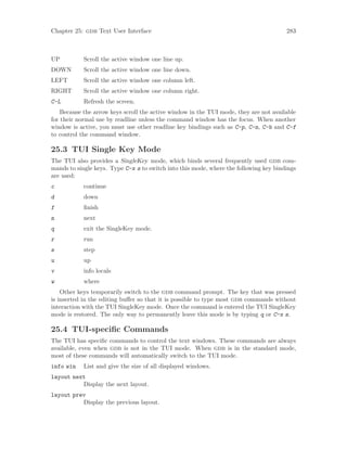Chapter 25: gdb Text User Interface 283
UP Scroll the active window one line up.
DOWN Scroll the active window one line down.
LEFT Scroll the active window one column left.
RIGHT Scroll the active window one column right.
C-L Refresh the screen.
Because the arrow keys scroll the active window in the TUI mode, they are not available
for their normal use by readline unless the command window has the focus. When another
window is active, you must use other readline key bindings such as C-p, C-n, C-b and C-f
to control the command window.
25.3 TUI Single Key Mode
The TUI also provides a SingleKey mode, which binds several frequently used gdb com-
mands to single keys. Type C-x s to switch into this mode, where the following key bindings
are used:
c continue
d down
f finish
n next
q exit the SingleKey mode.
r run
s step
u up
v info locals
w where
Other keys temporarily switch to the gdb command prompt. The key that was pressed
is inserted in the editing buffer so that it is possible to type most gdb commands without
interaction with the TUI SingleKey mode. Once the command is entered the TUI SingleKey
mode is restored. The only way to permanently leave this mode is by typing q or C-x s.
25.4 TUI-specific Commands
The TUI has specific commands to control the text windows. These commands are always
available, even when gdb is not in the TUI mode. When gdb is in the standard mode,
most of these commands will automatically switch to the TUI mode.
info win List and give the size of all displayed windows.
layout next
Display the next layout.
layout prev
Display the previous layout.
 