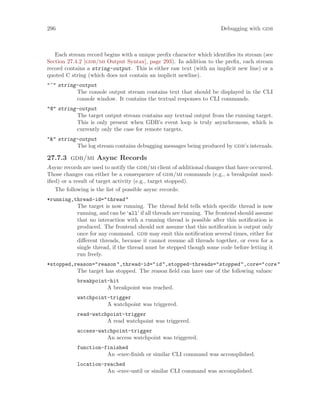 296 Debugging with gdb
Each stream record begins with a unique prefix character which identifies its stream (see
Section 27.4.2 [gdb/mi Output Syntax], page 293). In addition to the prefix, each stream
record contains a string-output. This is either raw text (with an implicit new line) or a
quoted C string (which does not contain an implicit newline).
"~" string-output
The console output stream contains text that should be displayed in the CLI
console window. It contains the textual responses to CLI commands.
"@" string-output
The target output stream contains any textual output from the running target.
This is only present when GDB’s event loop is truly asynchronous, which is
currently only the case for remote targets.
"&" string-output
The log stream contains debugging messages being produced by gdb’s internals.
27.7.3 gdb/mi Async Records
Async records are used to notify the gdb/mi client of additional changes that have occurred.
Those changes can either be a consequence of gdb/mi commands (e.g., a breakpoint mod-
ified) or a result of target activity (e.g., target stopped).
The following is the list of possible async records:
*running,thread-id="thread"
The target is now running. The thread field tells which specific thread is now
running, and can be ‘all’ if all threads are running. The frontend should assume
that no interaction with a running thread is possible after this notification is
produced. The frontend should not assume that this notification is output only
once for any command. gdb may emit this notification several times, either for
different threads, because it cannot resume all threads together, or even for a
single thread, if the thread must be stepped though some code before letting it
run freely.
*stopped,reason="reason",thread-id="id",stopped-threads="stopped",core="core"
The target has stopped. The reason field can have one of the following values:
breakpoint-hit
A breakpoint was reached.
watchpoint-trigger
A watchpoint was triggered.
read-watchpoint-trigger
A read watchpoint was triggered.
access-watchpoint-trigger
An access watchpoint was triggered.
function-finished
An -exec-finish or similar CLI command was accomplished.
location-reached
An -exec-until or similar CLI command was accomplished.
 