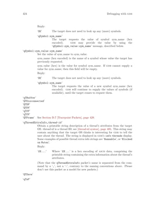 424 Debugging with gdb
Reply:
‘OK’ The target does not need to look up any (more) symbols.
‘qSymbol:sym_name’
The target requests the value of symbol sym name (hex
encoded). gdb may provide the value by using the
‘qSymbol:sym_value:sym_name’ message, described below.
‘qSymbol:sym_value:sym_name’
Set the value of sym name to sym value.
sym name (hex encoded) is the name of a symbol whose value the target has
previously requested.
sym value (hex) is the value for symbol sym name. If gdb cannot supply a
value for sym name, then this field will be empty.
Reply:
‘OK’ The target does not need to look up any (more) symbols.
‘qSymbol:sym_name’
The target requests the value of a new symbol sym name (hex
encoded). gdb will continue to supply the values of symbols (if
available), until the target ceases to request them.
‘qTBuffer’
‘QTDisconnected’
‘QTDP’
‘QTDV’
‘qTfP’
‘qTfV’
‘QTFrame’ See Section D.7 [Tracepoint Packets], page 429.
‘qThreadExtraInfo,thread-id’
Obtain a printable string description of a thread’s attributes from the target
OS. thread-id is a thread ID; see [thread-id syntax], page 405. This string may
contain anything that the target OS thinks is interesting for gdb to tell the
user about the thread. The string is displayed in gdb’s info threads display.
Some examples of possible thread extra info strings are ‘Runnable’, or ‘Blocked
on Mutex’.
Reply:
‘XX...’ Where ‘XX...’ is a hex encoding of ascii data, comprising the
printable string containing the extra information about the thread’s
attributes.
(Note that the qThreadExtraInfo packet’s name is separated from the com-
mand by a ‘,’, not a ‘:’, contrary to the naming conventions above. Please
don’t use this packet as a model for new packets.)
‘QTSave’
‘qTsP’
 