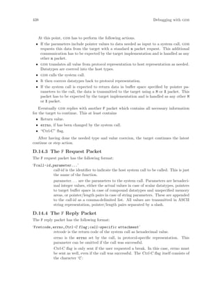 438 Debugging with gdb
At this point, gdb has to perform the following actions.
• If the parameters include pointer values to data needed as input to a system call, gdb
requests this data from the target with a standard m packet request. This additional
communication has to be expected by the target implementation and is handled as any
other m packet.
• gdb translates all value from protocol representation to host representation as needed.
Datatypes are coerced into the host types.
• gdb calls the system call.
• It then coerces datatypes back to protocol representation.
• If the system call is expected to return data in buffer space specified by pointer pa-
rameters to the call, the data is transmitted to the target using a M or X packet. This
packet has to be expected by the target implementation and is handled as any other M
or X packet.
Eventually gdb replies with another F packet which contains all necessary information
for the target to continue. This at least contains
• Return value.
• errno, if has been changed by the system call.
• “Ctrl-C” flag.
After having done the needed type and value coercion, the target continues the latest
continue or step action.
D.14.3 The F Request Packet
The F request packet has the following format:
‘Fcall-id,parameter...’
call-id is the identifier to indicate the host system call to be called. This is just
the name of the function.
parameter. . . are the parameters to the system call. Parameters are hexadeci-
mal integer values, either the actual values in case of scalar datatypes, pointers
to target buffer space in case of compound datatypes and unspecified memory
areas, or pointer/length pairs in case of string parameters. These are appended
to the call-id as a comma-delimited list. All values are transmitted in ASCII
string representation, pointer/length pairs separated by a slash.
D.14.4 The F Reply Packet
The F reply packet has the following format:
‘Fretcode,errno,Ctrl-C flag;call-specific attachment’
retcode is the return code of the system call as hexadecimal value.
errno is the errno set by the call, in protocol-specific representation. This
parameter can be omitted if the call was successful.
Ctrl-C flag is only sent if the user requested a break. In this case, errno must
be sent as well, even if the call was successful. The Ctrl-C flag itself consists of
the character ‘C’:
 