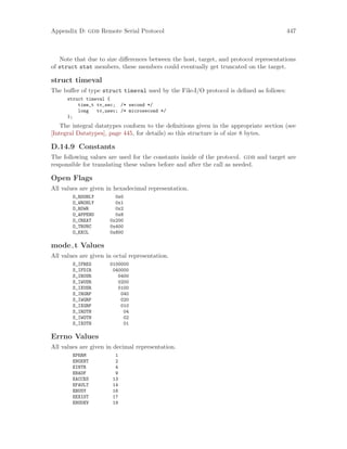 Appendix D: gdb Remote Serial Protocol 447
Note that due to size differences between the host, target, and protocol representations
of struct stat members, these members could eventually get truncated on the target.
struct timeval
The buffer of type struct timeval used by the File-I/O protocol is defined as follows:
struct timeval {
time_t tv_sec; /* second */
long tv_usec; /* microsecond */
};
The integral datatypes conform to the definitions given in the appropriate section (see
[Integral Datatypes], page 445, for details) so this structure is of size 8 bytes.
D.14.9 Constants
The following values are used for the constants inside of the protocol. gdb and target are
responsible for translating these values before and after the call as needed.
Open Flags
All values are given in hexadecimal representation.
O_RDONLY 0x0
O_WRONLY 0x1
O_RDWR 0x2
O_APPEND 0x8
O_CREAT 0x200
O_TRUNC 0x400
O_EXCL 0x800
mode t Values
All values are given in octal representation.
S_IFREG 0100000
S_IFDIR 040000
S_IRUSR 0400
S_IWUSR 0200
S_IXUSR 0100
S_IRGRP 040
S_IWGRP 020
S_IXGRP 010
S_IROTH 04
S_IWOTH 02
S_IXOTH 01
Errno Values
All values are given in decimal representation.
EPERM 1
ENOENT 2
EINTR 4
EBADF 9
EACCES 13
EFAULT 14
EBUSY 16
EEXIST 17
ENODEV 19
 