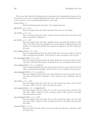 456 Debugging with gdb
We do not fully describe the floating point operations here; although this design can be
extended in a clean way to handle floating point values, they are not of immediate interest
to the customer, so we avoid describing them, to save time.
float (0x01): ⇒
Prefix for floating-point bytecodes. Not implemented yet.
add (0x02): a b ⇒ a+b
Pop two integers from the stack, and push their sum, as an integer.
sub (0x03): a b ⇒ a-b
Pop two integers from the stack, subtract the top value from the next-to-top
value, and push the difference.
mul (0x04): a b ⇒ a*b
Pop two integers from the stack, multiply them, and push the product on the
stack. Note that, when one multiplies two n-bit numbers yielding another n-bit
number, it is irrelevant whether the numbers are signed or not; the results are
the same.
div_signed (0x05): a b ⇒ a/b
Pop two signed integers from the stack; divide the next-to-top value by the top
value, and push the quotient. If the divisor is zero, terminate with an error.
div_unsigned (0x06): a b ⇒ a/b
Pop two unsigned integers from the stack; divide the next-to-top value by the
top value, and push the quotient. If the divisor is zero, terminate with an error.
rem_signed (0x07): a b ⇒ a modulo b
Pop two signed integers from the stack; divide the next-to-top value by the top
value, and push the remainder. If the divisor is zero, terminate with an error.
rem_unsigned (0x08): a b ⇒ a modulo b
Pop two unsigned integers from the stack; divide the next-to-top value by the
top value, and push the remainder. If the divisor is zero, terminate with an
error.
lsh (0x09): a b ⇒ a<<b
Pop two integers from the stack; let a be the next-to-top value, and b be the
top value. Shift a left by b bits, and push the result.
rsh_signed (0x0a): a b ⇒ (signed)a>>b
Pop two integers from the stack; let a be the next-to-top value, and b be the
top value. Shift a right by b bits, inserting copies of the top bit at the high
end, and push the result.
rsh_unsigned (0x0b): a b ⇒ a>>b
Pop two integers from the stack; let a be the next-to-top value, and b be the
top value. Shift a right by b bits, inserting zero bits at the high end, and push
the result.
log_not (0x0e): a ⇒ !a
Pop an integer from the stack; if it is zero, push the value one; otherwise, push
the value zero.
 