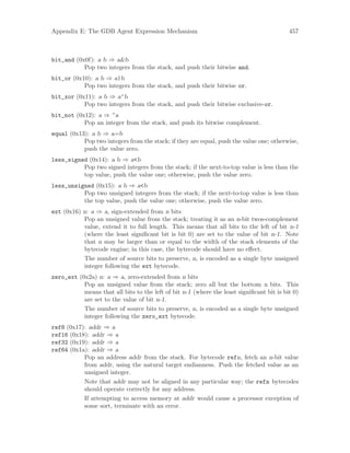 Appendix E: The GDB Agent Expression Mechanism 457
bit_and (0x0f): a b ⇒ a&b
Pop two integers from the stack, and push their bitwise and.
bit_or (0x10): a b ⇒ a|b
Pop two integers from the stack, and push their bitwise or.
bit_xor (0x11): a b ⇒ a^b
Pop two integers from the stack, and push their bitwise exclusive-or.
bit_not (0x12): a ⇒ ~a
Pop an integer from the stack, and push its bitwise complement.
equal (0x13): a b ⇒ a=b
Pop two integers from the stack; if they are equal, push the value one; otherwise,
push the value zero.
less_signed (0x14): a b ⇒ a<b
Pop two signed integers from the stack; if the next-to-top value is less than the
top value, push the value one; otherwise, push the value zero.
less_unsigned (0x15): a b ⇒ a<b
Pop two unsigned integers from the stack; if the next-to-top value is less than
the top value, push the value one; otherwise, push the value zero.
ext (0x16) n: a ⇒ a, sign-extended from n bits
Pop an unsigned value from the stack; treating it as an n-bit twos-complement
value, extend it to full length. This means that all bits to the left of bit n-1
(where the least significant bit is bit 0) are set to the value of bit n-1. Note
that n may be larger than or equal to the width of the stack elements of the
bytecode engine; in this case, the bytecode should have no effect.
The number of source bits to preserve, n, is encoded as a single byte unsigned
integer following the ext bytecode.
zero_ext (0x2a) n: a ⇒ a, zero-extended from n bits
Pop an unsigned value from the stack; zero all but the bottom n bits. This
means that all bits to the left of bit n-1 (where the least significant bit is bit 0)
are set to the value of bit n-1.
The number of source bits to preserve, n, is encoded as a single byte unsigned
integer following the zero_ext bytecode.
ref8 (0x17): addr ⇒ a
ref16 (0x18): addr ⇒ a
ref32 (0x19): addr ⇒ a
ref64 (0x1a): addr ⇒ a
Pop an address addr from the stack. For bytecode refn, fetch an n-bit value
from addr, using the natural target endianness. Push the fetched value as an
unsigned integer.
Note that addr may not be aligned in any particular way; the refn bytecodes
should operate correctly for any address.
If attempting to access memory at addr would cause a processor exception of
some sort, terminate with an error.
 