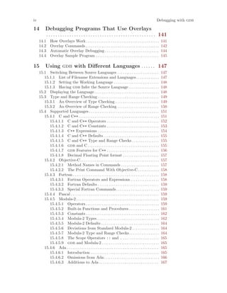 iv Debugging with gdb
14 Debugging Programs That Use Overlays
. . . . . . . . . . . . . . . . . . . . . . . . . . . . . . . . . . . . . . . . . . . . . . . 141
14.1 How Overlays Work. . . . . . . . . . . . . . . . . . . . . . . . . . . . . . . . . . . . . . . . . 141
14.2 Overlay Commands . . . . . . . . . . . . . . . . . . . . . . . . . . . . . . . . . . . . . . . . . 142
14.3 Automatic Overlay Debugging . . . . . . . . . . . . . . . . . . . . . . . . . . . . . . 144
14.4 Overlay Sample Program . . . . . . . . . . . . . . . . . . . . . . . . . . . . . . . . . . . 145
15 Using gdb with Different Languages . . . . . . 147
15.1 Switching Between Source Languages . . . . . . . . . . . . . . . . . . . . . . . 147
15.1.1 List of Filename Extensions and Languages. . . . . . . . . . . . . 147
15.1.2 Setting the Working Language . . . . . . . . . . . . . . . . . . . . . . . . . 148
15.1.3 Having gdb Infer the Source Language . . . . . . . . . . . . . . . . . 148
15.2 Displaying the Language . . . . . . . . . . . . . . . . . . . . . . . . . . . . . . . . . . . . 148
15.3 Type and Range Checking . . . . . . . . . . . . . . . . . . . . . . . . . . . . . . . . . . 149
15.3.1 An Overview of Type Checking . . . . . . . . . . . . . . . . . . . . . . . . 149
15.3.2 An Overview of Range Checking . . . . . . . . . . . . . . . . . . . . . . . 150
15.4 Supported Languages . . . . . . . . . . . . . . . . . . . . . . . . . . . . . . . . . . . . . . . 151
15.4.1 C and C++. . . . . . . . . . . . . . . . . . . . . . . . . . . . . . . . . . . . . . . . . . . . . 151
15.4.1.1 C and C++ Operators . . . . . . . . . . . . . . . . . . . . . . . . . . . . . 152
15.4.1.2 C and C++ Constants . . . . . . . . . . . . . . . . . . . . . . . . . . . . . 153
15.4.1.3 C++ Expressions . . . . . . . . . . . . . . . . . . . . . . . . . . . . . . . . . . 154
15.4.1.4 C and C++ Defaults . . . . . . . . . . . . . . . . . . . . . . . . . . . . . . . 155
15.4.1.5 C and C++ Type and Range Checks . . . . . . . . . . . . . . . 155
15.4.1.6 gdb and C. . . . . . . . . . . . . . . . . . . . . . . . . . . . . . . . . . . . . . . . 155
15.4.1.7 gdb Features for C++ . . . . . . . . . . . . . . . . . . . . . . . . . . . . . 156
15.4.1.8 Decimal Floating Point format . . . . . . . . . . . . . . . . . . . . 157
15.4.2 Objective-C. . . . . . . . . . . . . . . . . . . . . . . . . . . . . . . . . . . . . . . . . . . . 157
15.4.2.1 Method Names in Commands . . . . . . . . . . . . . . . . . . . . . 157
15.4.2.2 The Print Command With Objective-C. . . . . . . . . . . . 158
15.4.3 Fortran . . . . . . . . . . . . . . . . . . . . . . . . . . . . . . . . . . . . . . . . . . . . . . . . 158
15.4.3.1 Fortran Operators and Expressions . . . . . . . . . . . . . . . . 158
15.4.3.2 Fortran Defaults . . . . . . . . . . . . . . . . . . . . . . . . . . . . . . . . . . 159
15.4.3.3 Special Fortran Commands. . . . . . . . . . . . . . . . . . . . . . . . 159
15.4.4 Pascal . . . . . . . . . . . . . . . . . . . . . . . . . . . . . . . . . . . . . . . . . . . . . . . . . 159
15.4.5 Modula-2 . . . . . . . . . . . . . . . . . . . . . . . . . . . . . . . . . . . . . . . . . . . . . . 159
15.4.5.1 Operators. . . . . . . . . . . . . . . . . . . . . . . . . . . . . . . . . . . . . . . . . 159
15.4.5.2 Built-in Functions and Procedures. . . . . . . . . . . . . . . . . 161
15.4.5.3 Constants. . . . . . . . . . . . . . . . . . . . . . . . . . . . . . . . . . . . . . . . . 162
15.4.5.4 Modula-2 Types. . . . . . . . . . . . . . . . . . . . . . . . . . . . . . . . . . . 162
15.4.5.5 Modula-2 Defaults . . . . . . . . . . . . . . . . . . . . . . . . . . . . . . . . 164
15.4.5.6 Deviations from Standard Modula-2 . . . . . . . . . . . . . . . 164
15.4.5.7 Modula-2 Type and Range Checks. . . . . . . . . . . . . . . . . 164
15.4.5.8 The Scope Operators :: and . . . . . . . . . . . . . . . . . . . . . 165
15.4.5.9 gdb and Modula-2 . . . . . . . . . . . . . . . . . . . . . . . . . . . . . . . . 165
15.4.6 Ada . . . . . . . . . . . . . . . . . . . . . . . . . . . . . . . . . . . . . . . . . . . . . . . . . . . 165
15.4.6.1 Introduction . . . . . . . . . . . . . . . . . . . . . . . . . . . . . . . . . . . . . . 165
15.4.6.2 Omissions from Ada. . . . . . . . . . . . . . . . . . . . . . . . . . . . . . . 166
15.4.6.3 Additions to Ada . . . . . . . . . . . . . . . . . . . . . . . . . . . . . . . . . 167
 